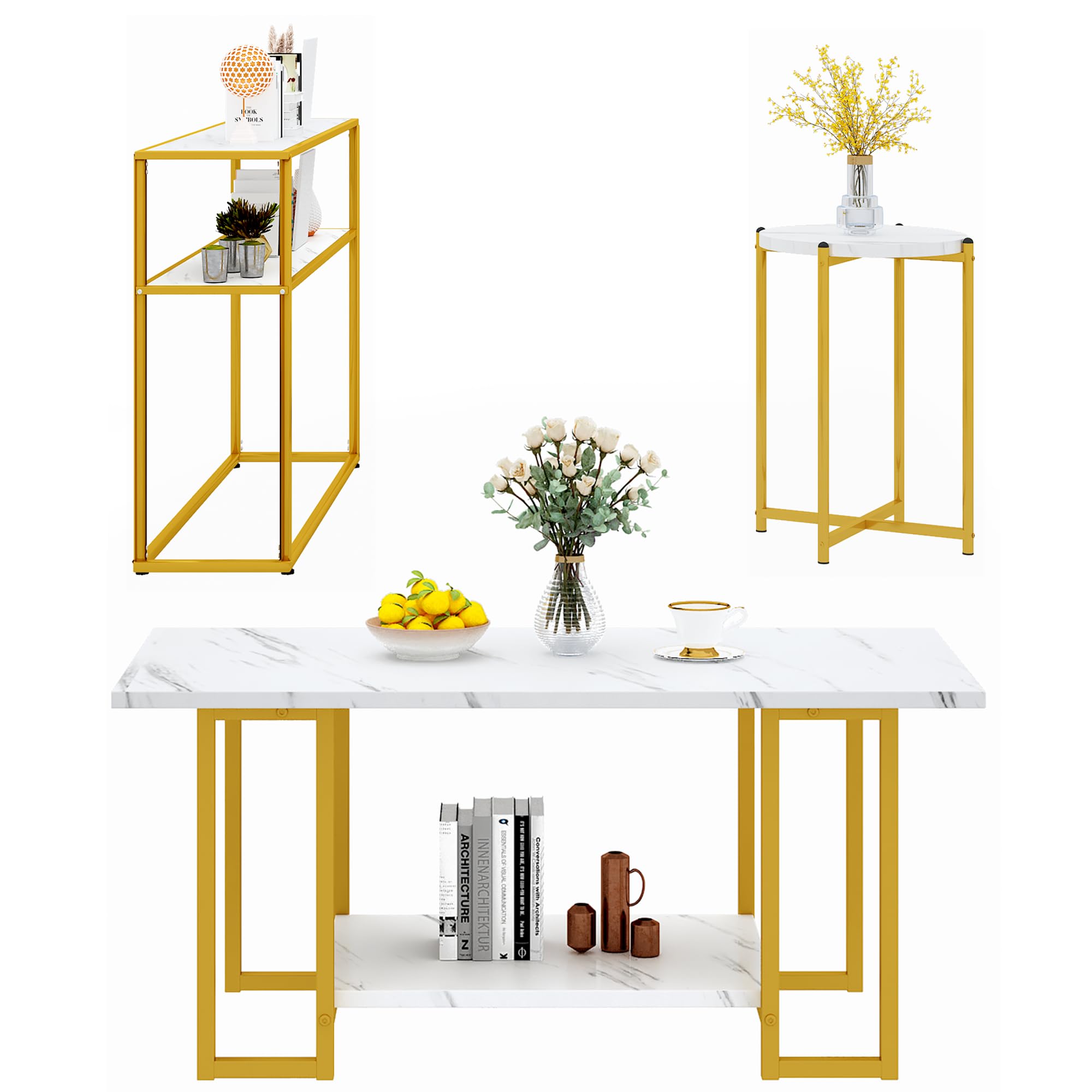 AWQM 3pcs Living Room Table Set, Faux Marble White Coffee Table & 3-Tier End Table & Console Tables & Gold Metal Frame for Home 