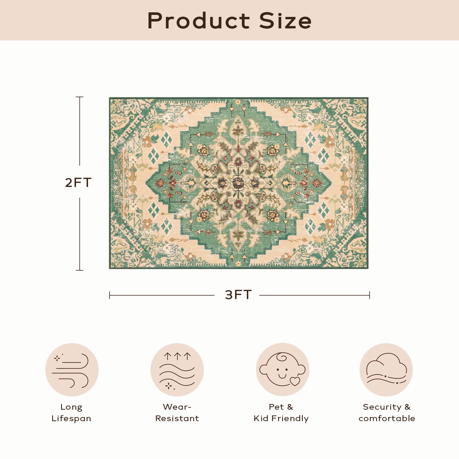 Ashler 2X3 Vintage Entryway Rugs, Ultra-Thin Boho Rugs For Entryway, Bedroom, Kitchen, Green/Beige Home Decor, Low-Pile Non-Slip