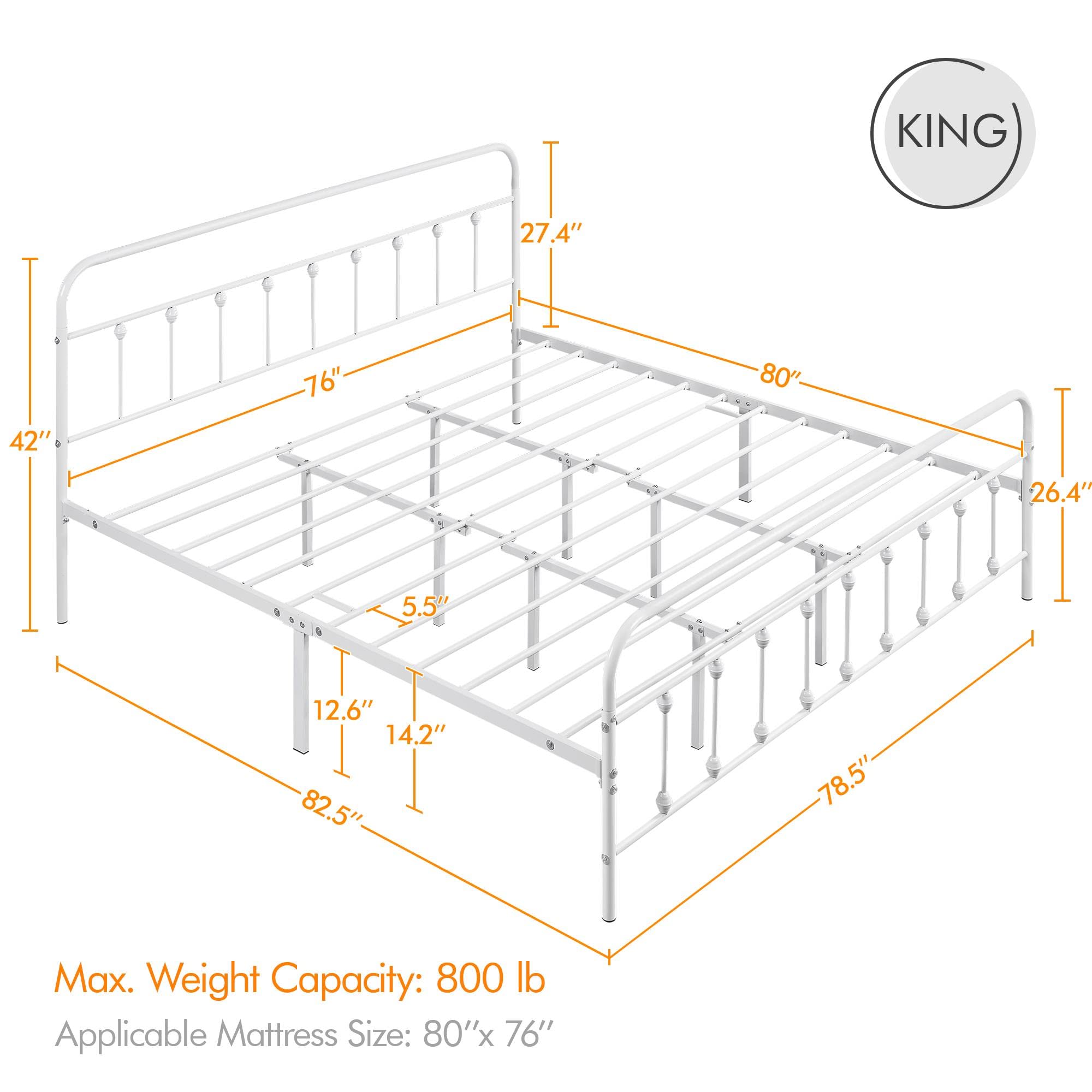 Yaheetech Classic Metal Platform Bed Frame Mattress Foundation With Victorian Style Iron-Art Headboard/Footboard/Under Bed Storage/No Box Spring Needed/King Size White