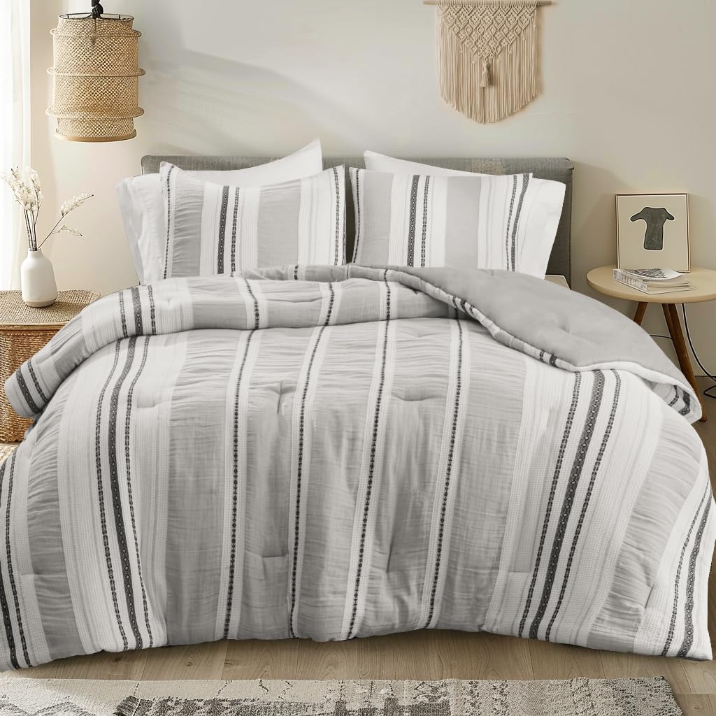 Hyde Lane Farmhouse Comforter Set Full/Queen Grey Cotton 3 Pieces HD10-0056