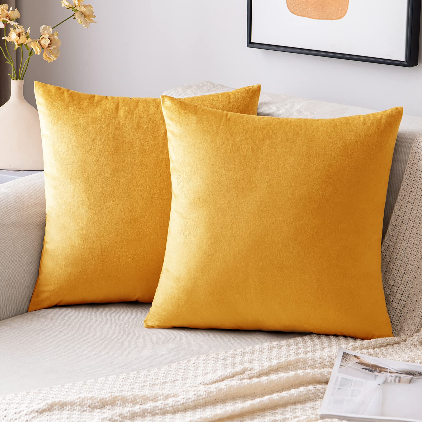 Emema Fall Gold Velvet Throw Pillow Covers 20X20 Inch Set Of 2 Decorative Square Pillowcase Soft Solid Cushion Case For Couch So
