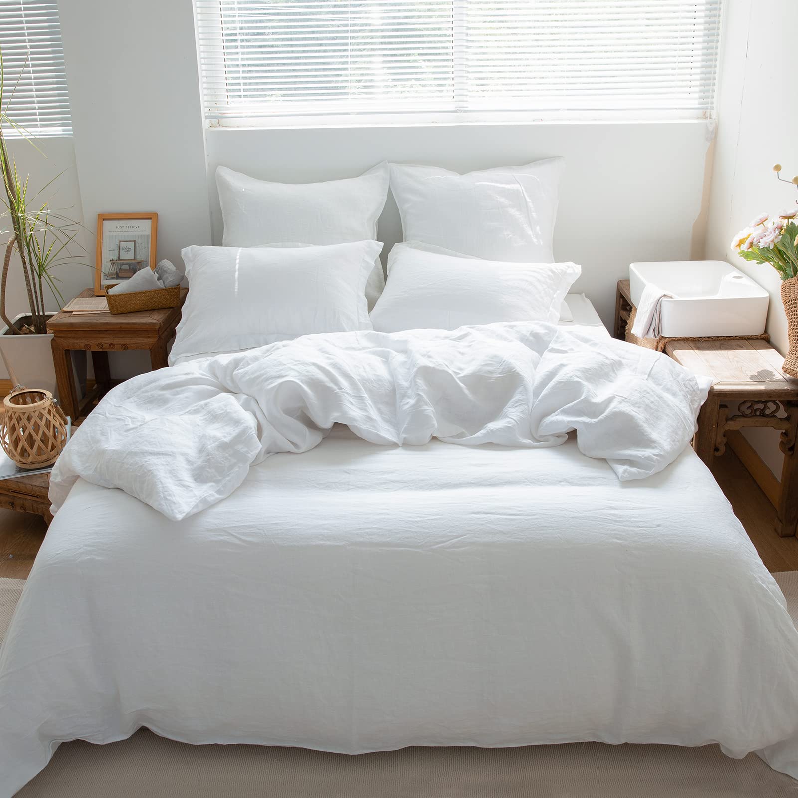 Simple&Opulence 100% Linen Duvet Cover Set 3Pcs Basic Style Natural French Washed Flax Solid Color Soft Breathable Farmhouse Bedding With Button Closure - White, California King