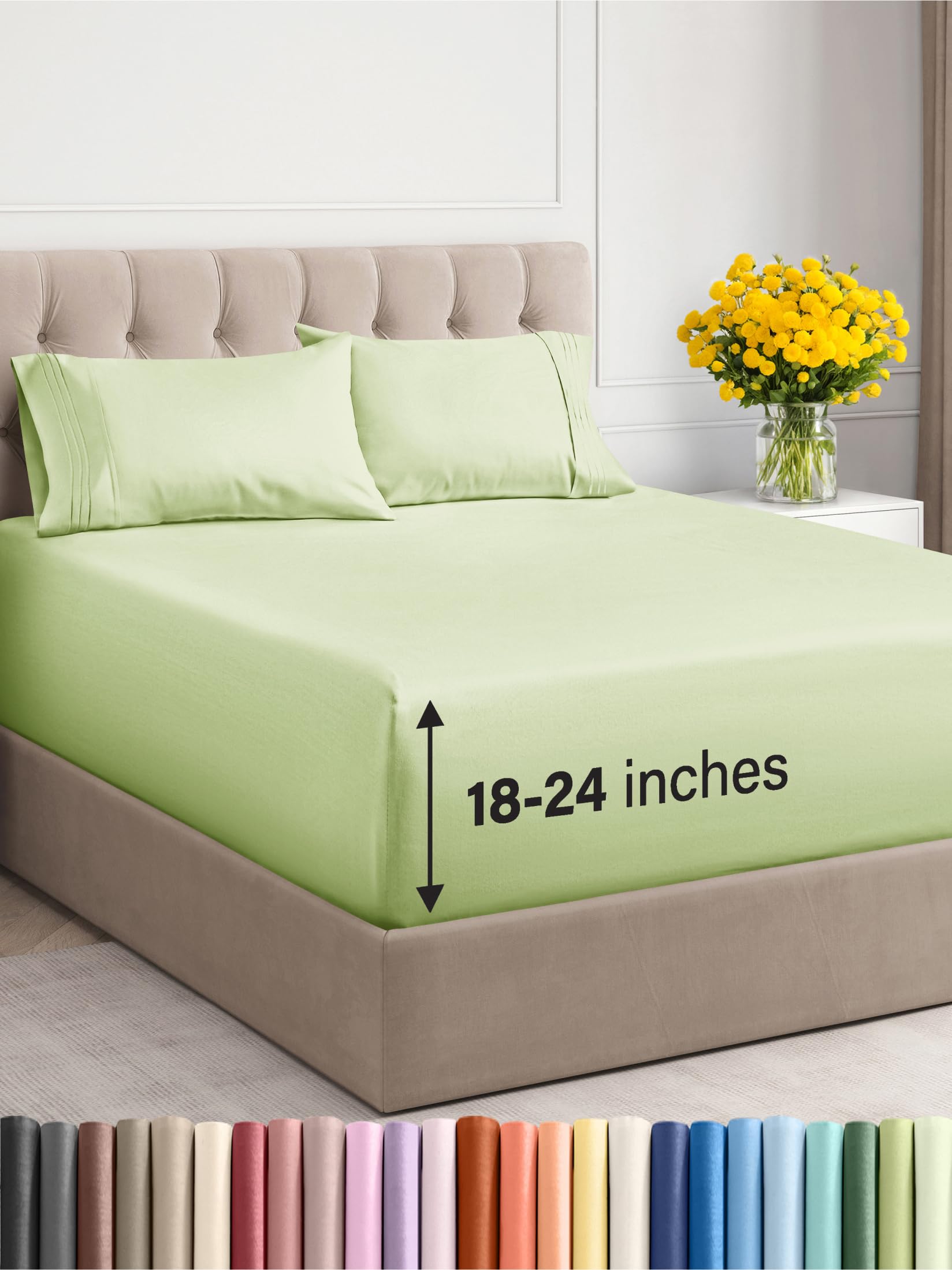 Extra Deep Pocket Queen Sheets - 4 Piece Breathable & Cooling Bed Sheets - Hotel Luxury Bed Sheet Set - Soft, Wrinkle Free & Comfy - Easily Fits Extra Deep Mattresses - Light Sage Green Sheets Set