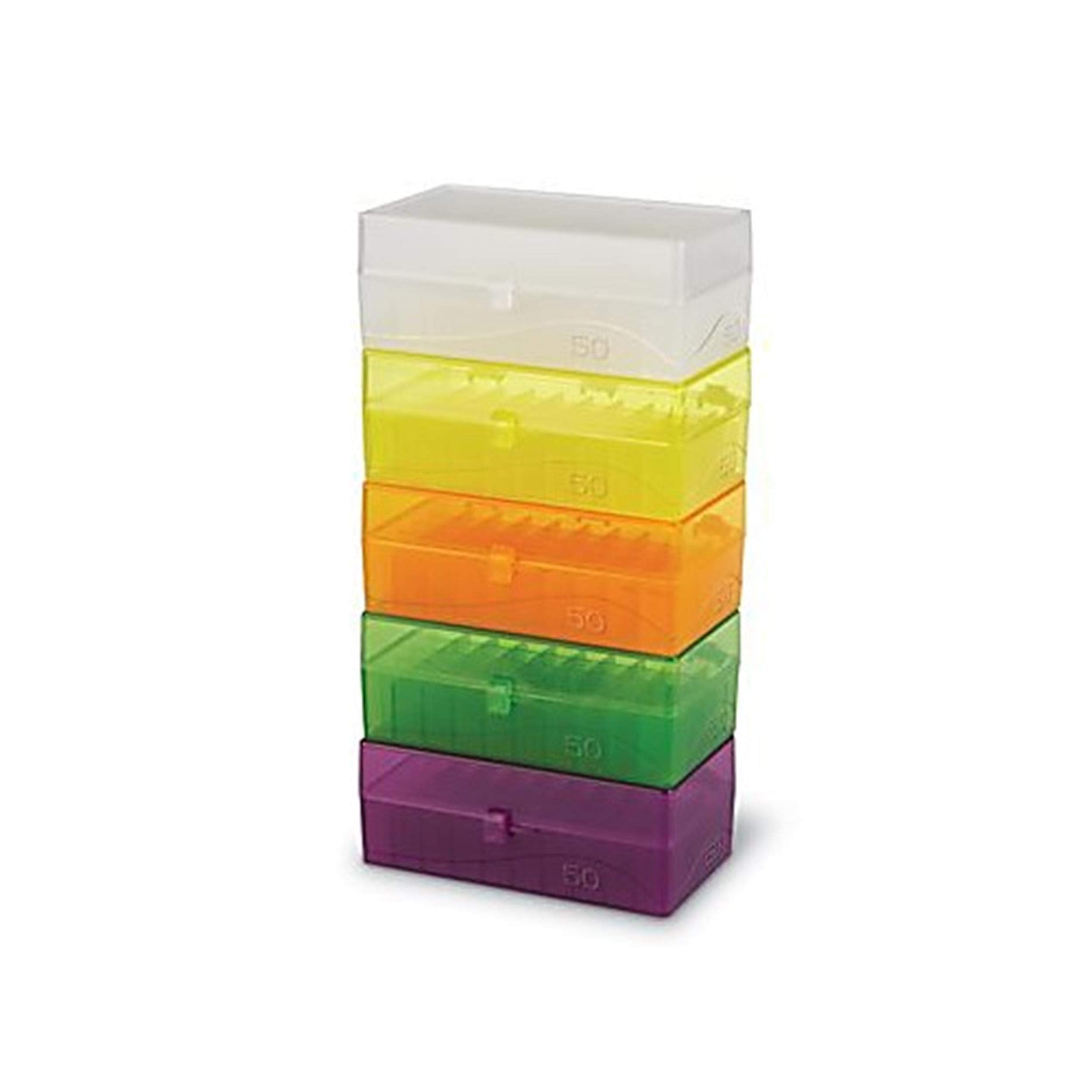 Heathrow Scientific 50 Well Microtube Storage Box with Snap Clasp, Fits 1.5/2.0mL Tubes and Vials, Polypropylene, Assorted Color
