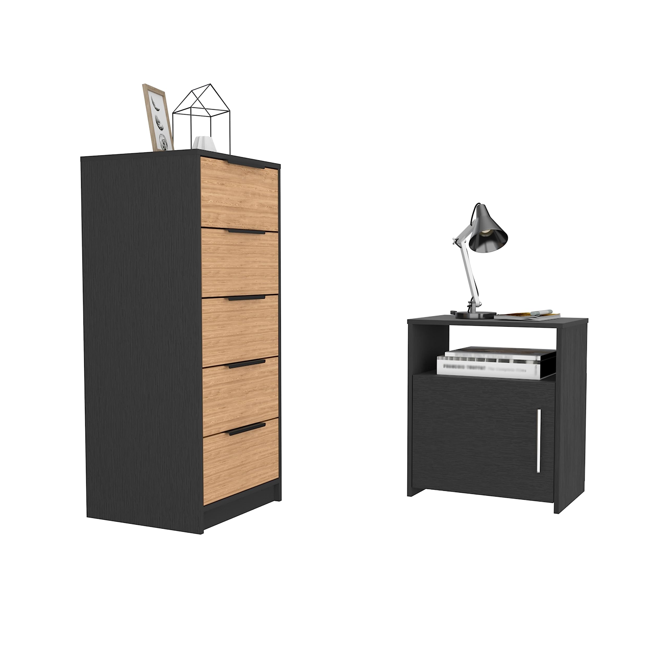 DEPOT E-SHOP Patten 2 Piece Bedroom Set, Drawer Dresser + Nightstand, Black/Light Oak