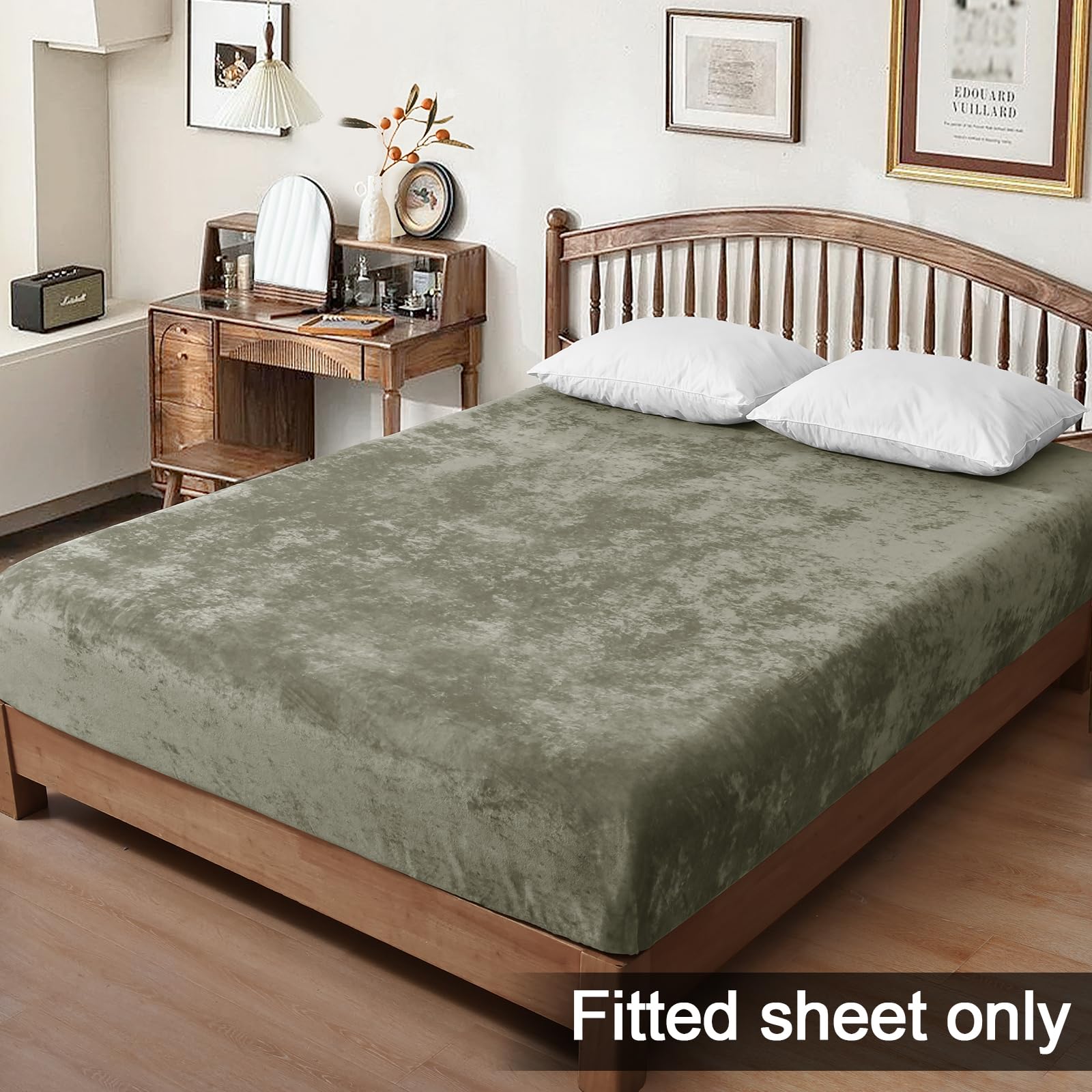 Phf Truly Velvet Fitted Sheet Only Full Size, Luxury Super Soft Cozy Comfy Fleece Bottom With 15' Deep Pocket, Suitable For Fall Winter And Spring, No Pillowcases, Smokey Olive
