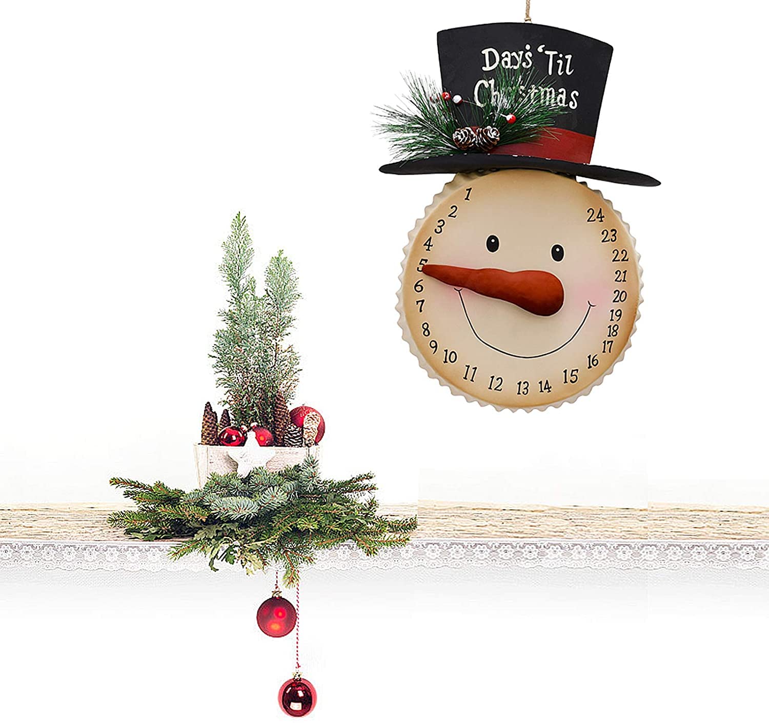 Morning View Metal Snowman Advent Calendar - 24 Days Countdown, Rustic 10x14 Inch, Red and White Wall Decor