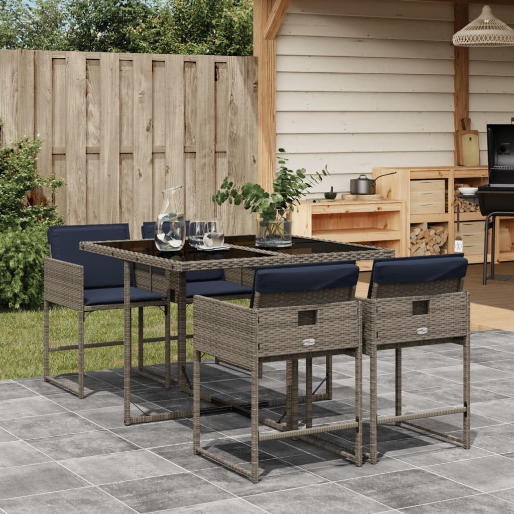 vidaXL Patio Dining Set with Cushions - 5-Piece, Gray Poly Rattan, Garden Furniture, Compact Storage, UV-Resistant, Outdoor Tempered Glass Table, Easy Assembly