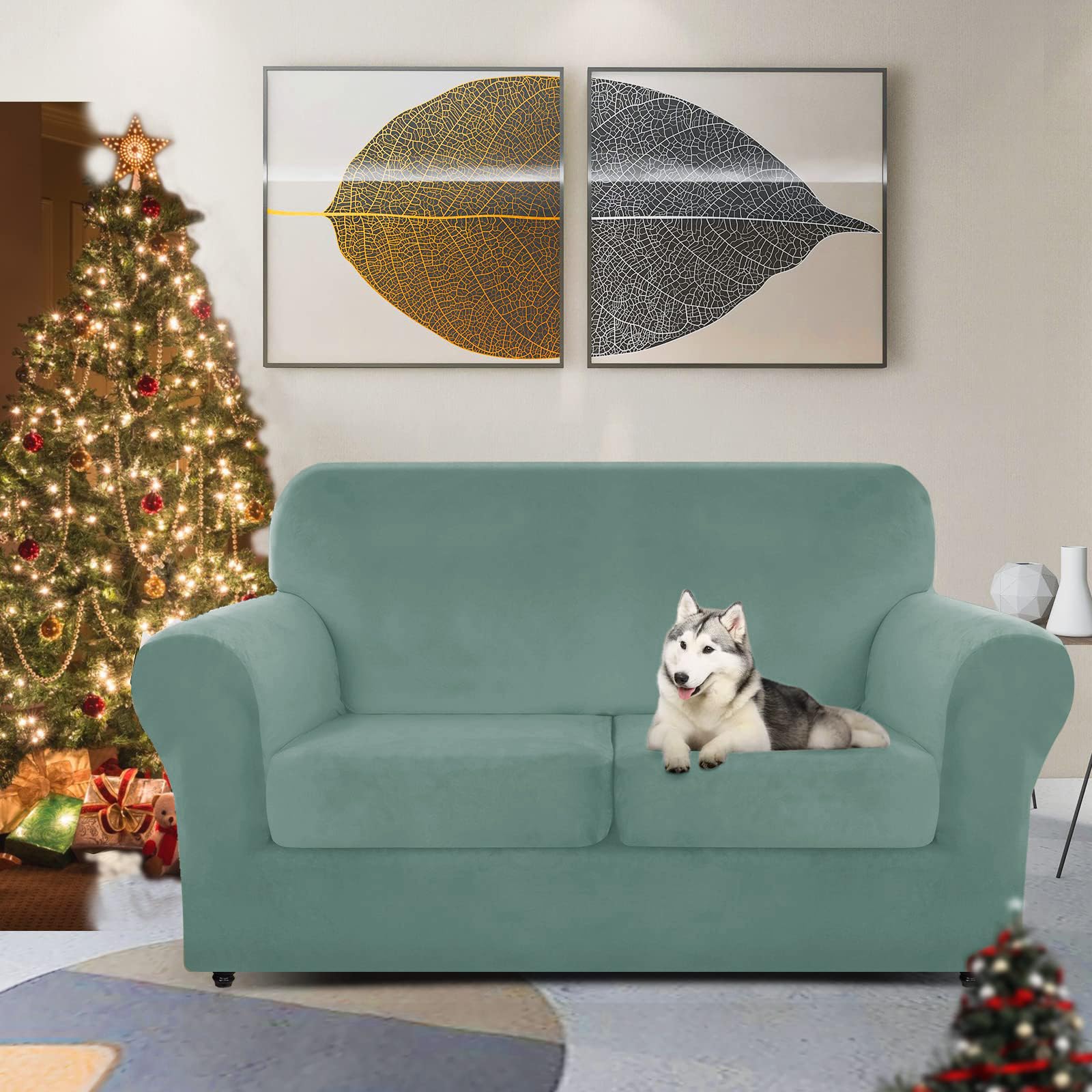 Znsayotx Luxury Velvet Sofa Cover 3 Piece (57'-70') Stretch Loveseat Covers For 2 Cushion Couch Thick Soft Couch Slipcover With Non Slip Strap, Dog Pet Friendly Nice Furniture Protector (Pea Green)