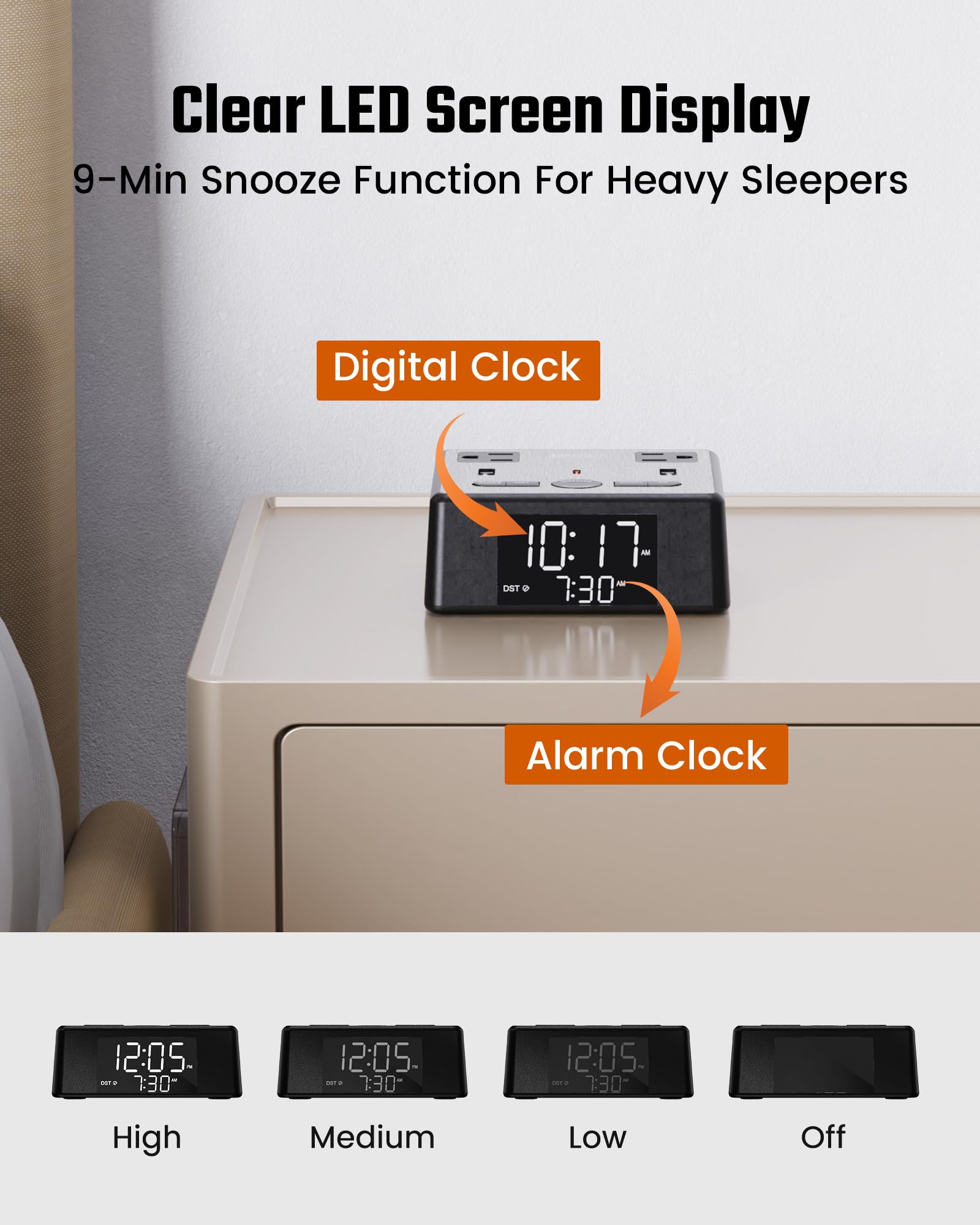 SUPERDANNY Digital Alarm Clock with 3 USB Chargers, 2 AC Outlets, LCD Display, 6.5ft Cord, Surge Protector - Black