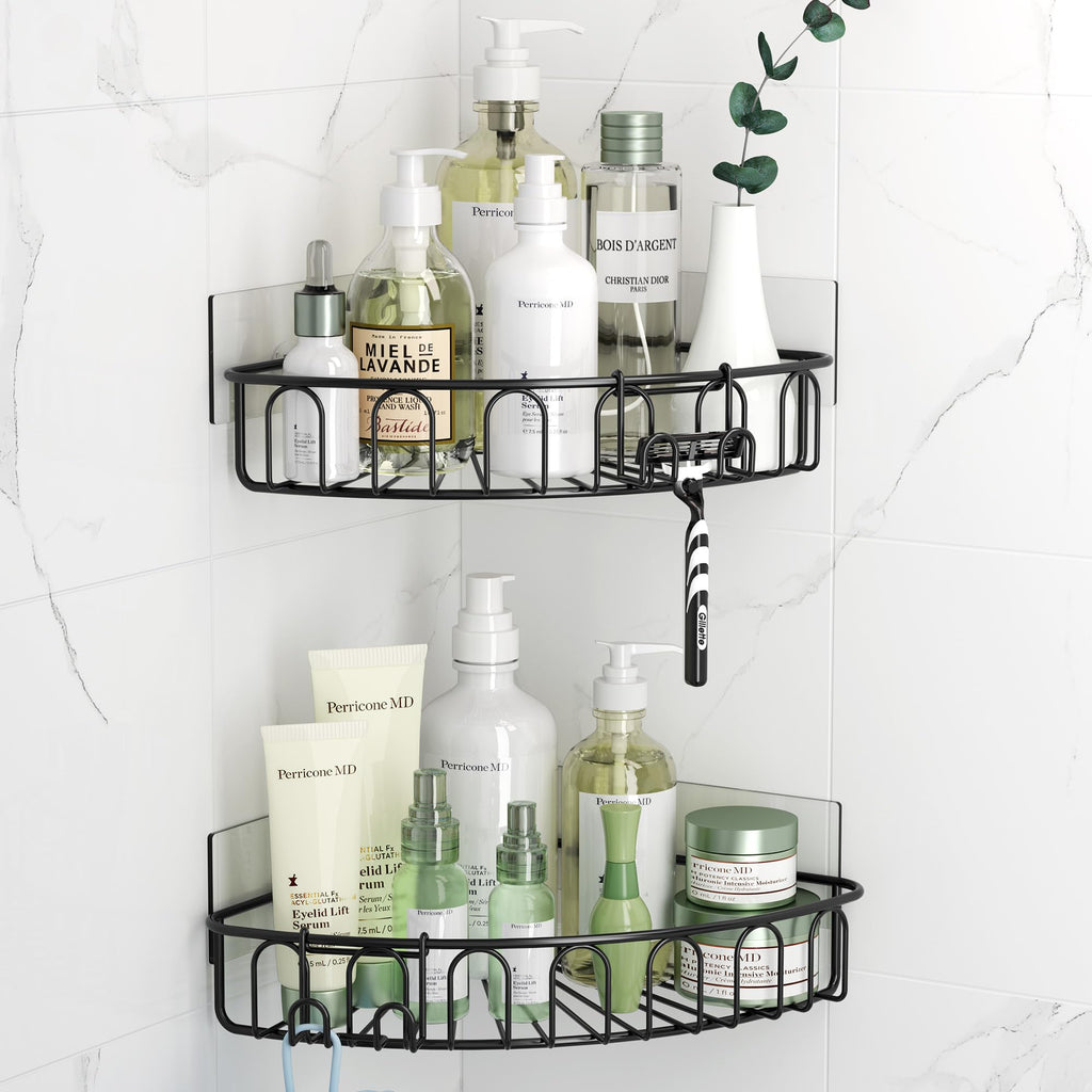 Orimade Corner Shower Caddy with 2 Hooks Wall Mounted Metal Bathroom Shelf Storage Organizer Adhesive No Drilling 2 Pack, Black 