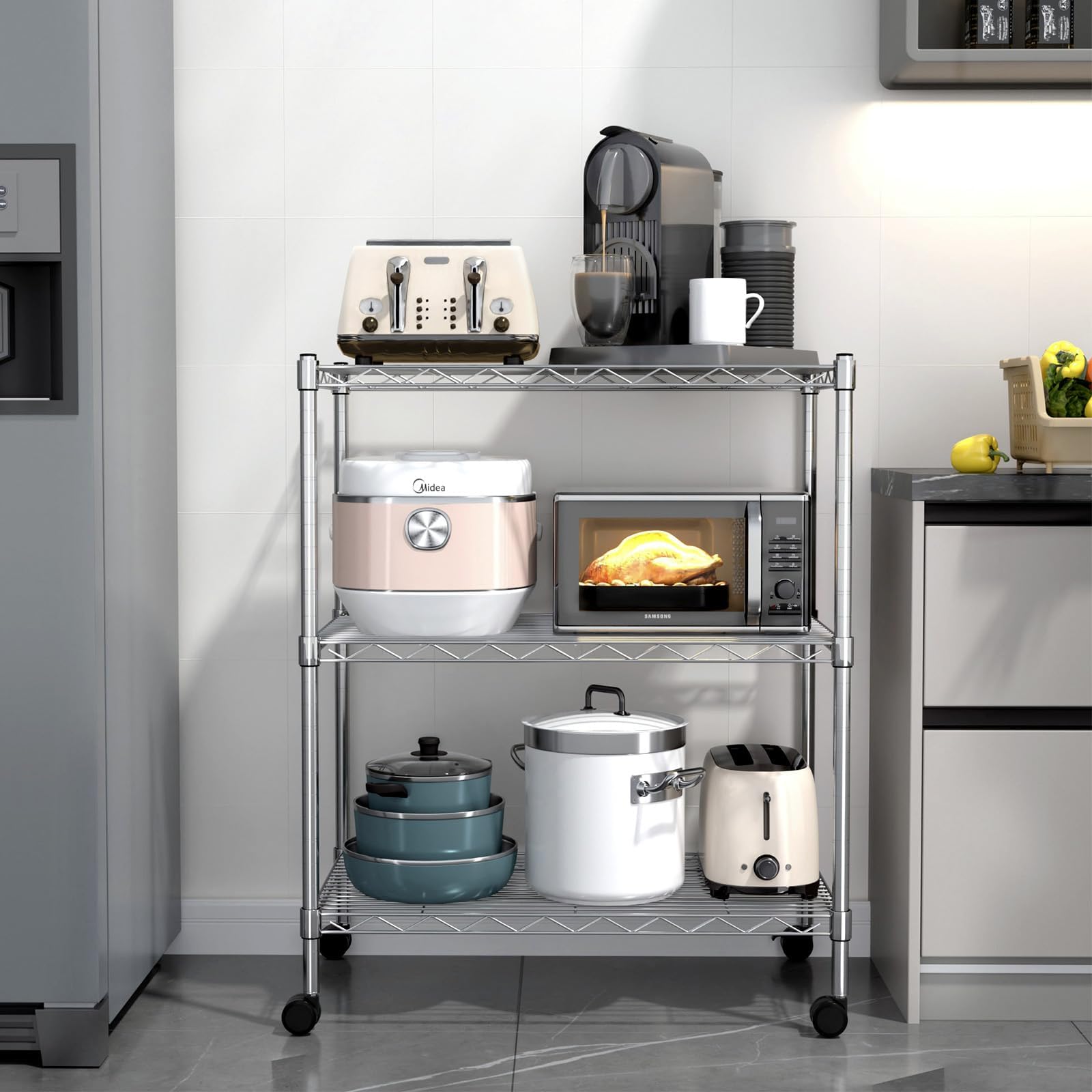 Simple Deluxe Heavy Duty 3-Shelf Shelving With Wheels, Adjustable Storage Units, Steel Organizer Wire Rack, 24.02? X 13.78? X 31.89?, Chrome, Hkshlf23133003Cpc