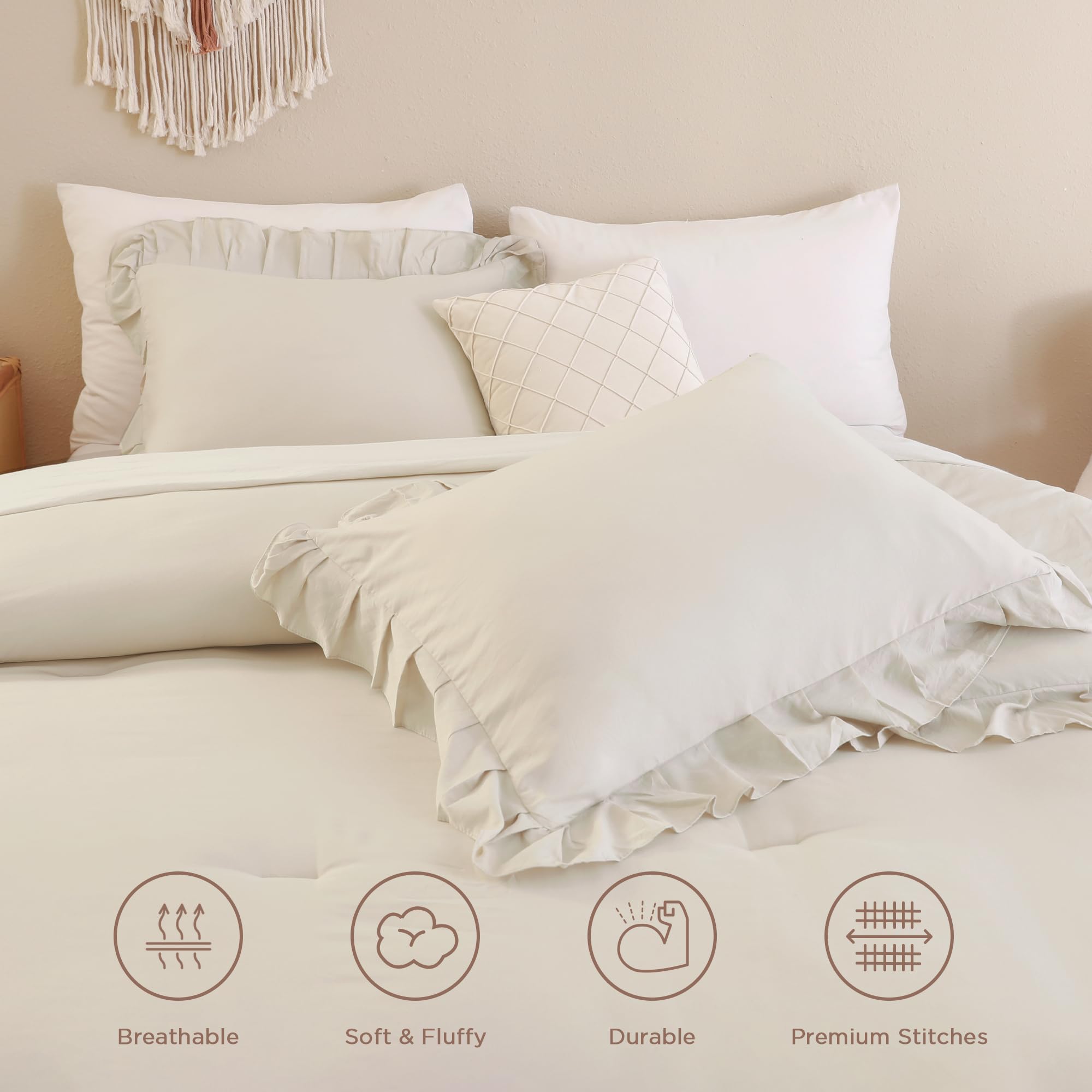 Andency Beige Comforter Set Queen Size, 3 Pieces Shabby Chic Ruffle Bedding Comforter Sets For Queen Bed, Lightweight Fluffy Soft Microfiber Farmhouse Comforter Set