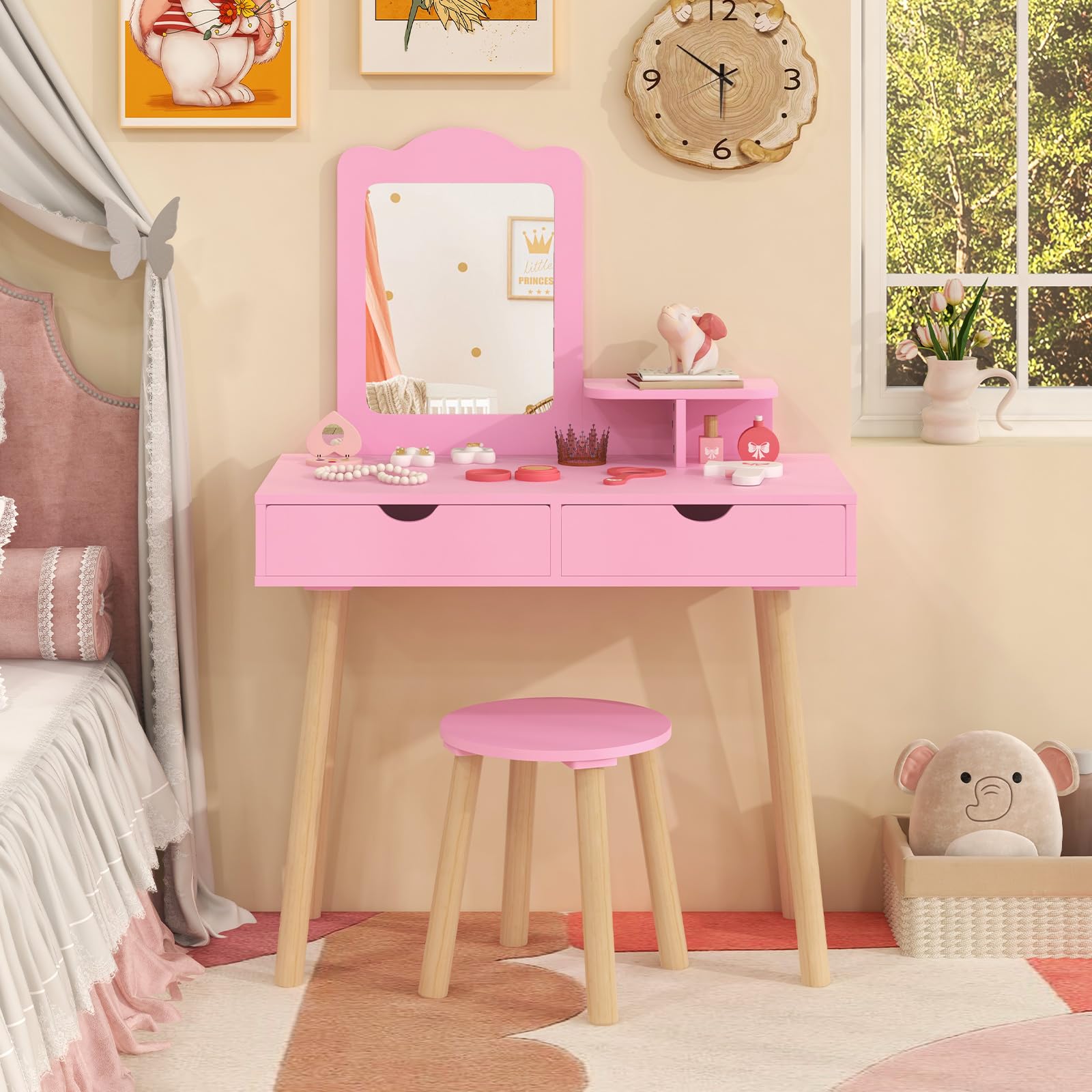 HONEY JOY Kids Vanity, Wooden Girls Vanity Set with Mirror and Stool, 2 Storage Drawer & Square Mirror, Princess Toddler Makeup 