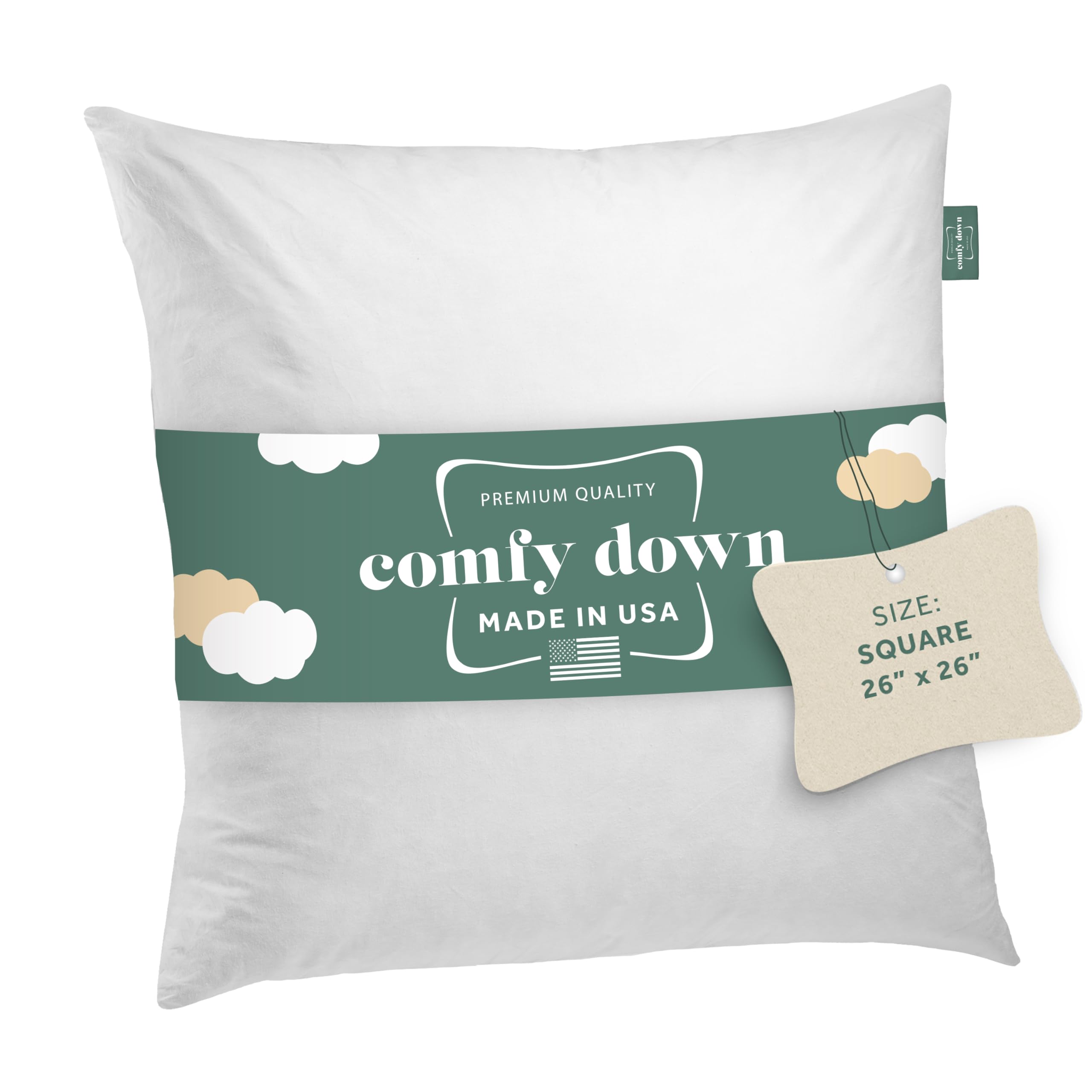 26X26 Decorative Throw Pillow Insert, Down And Feathers Fill, 100% Cotton Cover 233 Thread Count, Square Pillow Insert - Made In