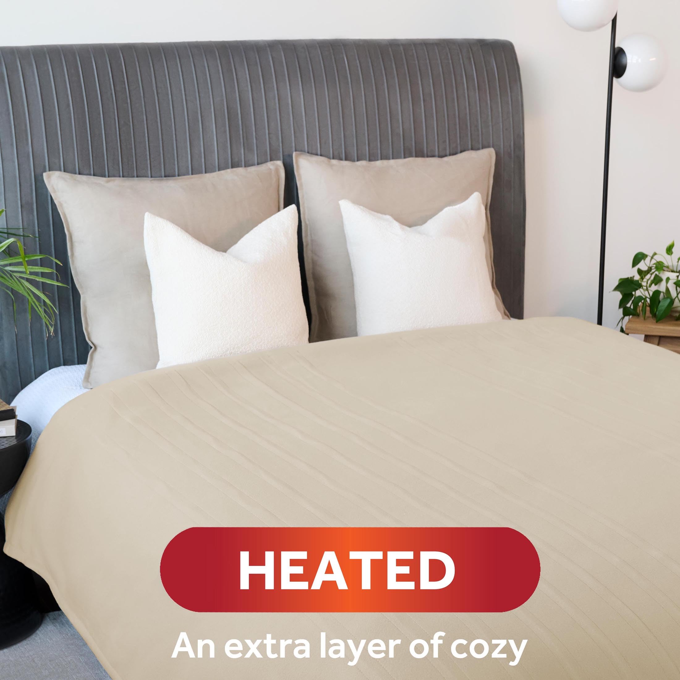 Sunbeam King Size Ultra Fleece Heated Blanket, 90"x100", Pebble, 12 Heat Settings, Machine Washable, Fast Heating, Model 32810037