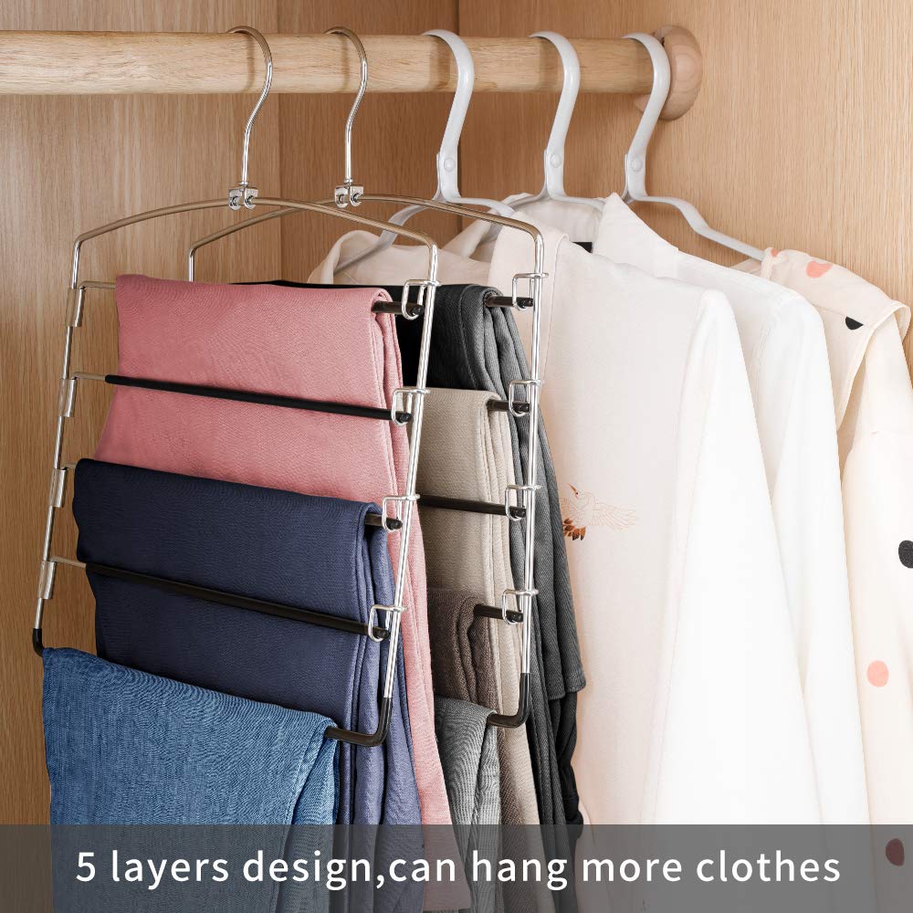 FeeraHozer Non-Slip Pants Hangers, 3-Pack Multi-Layer Swing Arm, Stainless Steel, Space Saver, Black