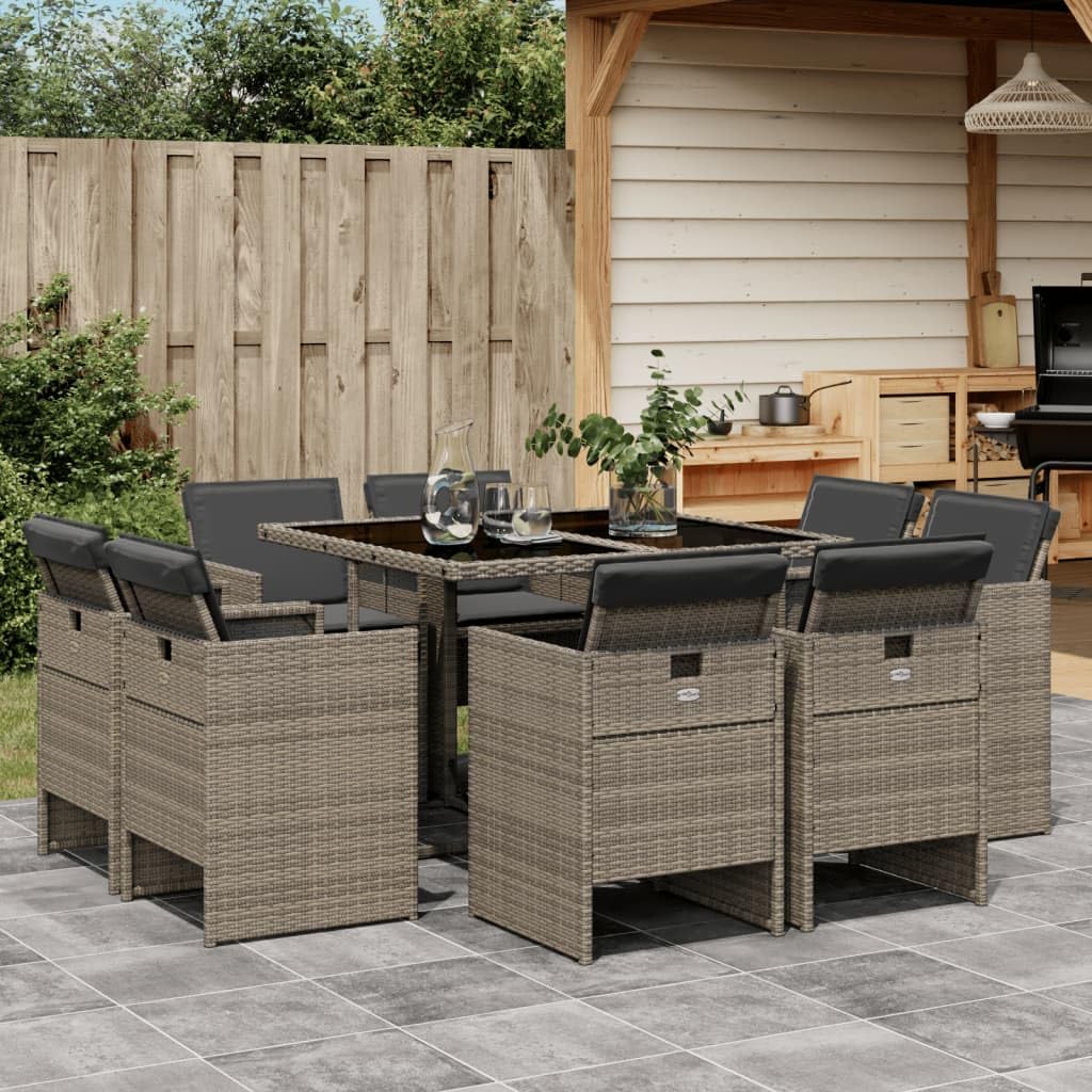 vidaXL Patio Dining Set - 9 Piece Outdoor Furniture with Cushions Gray Poly Rattan, Glass Table Top, Foldable Chairs