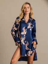 [Dark Blue] SilkSilky  Long Sleeve Lapel Collar Nightshirt 006