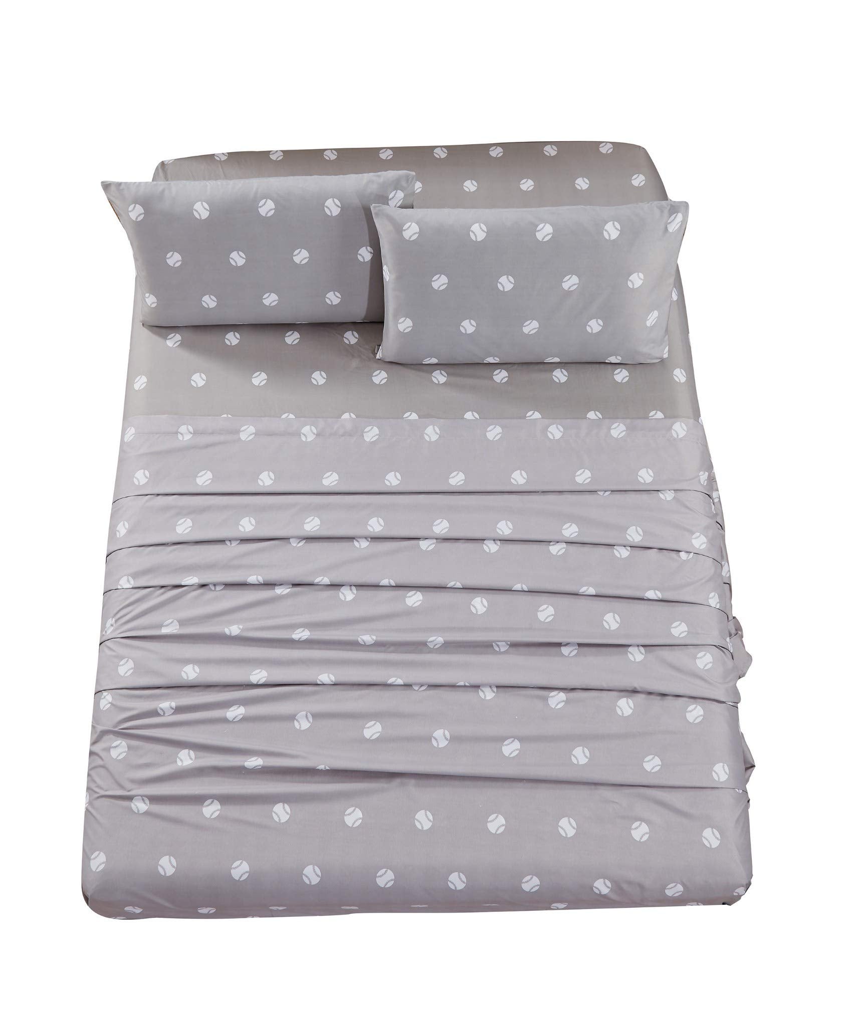 Chezmoi Collection 3-Piece Kids/Teens Sports Sheet Set - Soft Microfiber Gray White Baseball, Twin Xl Size