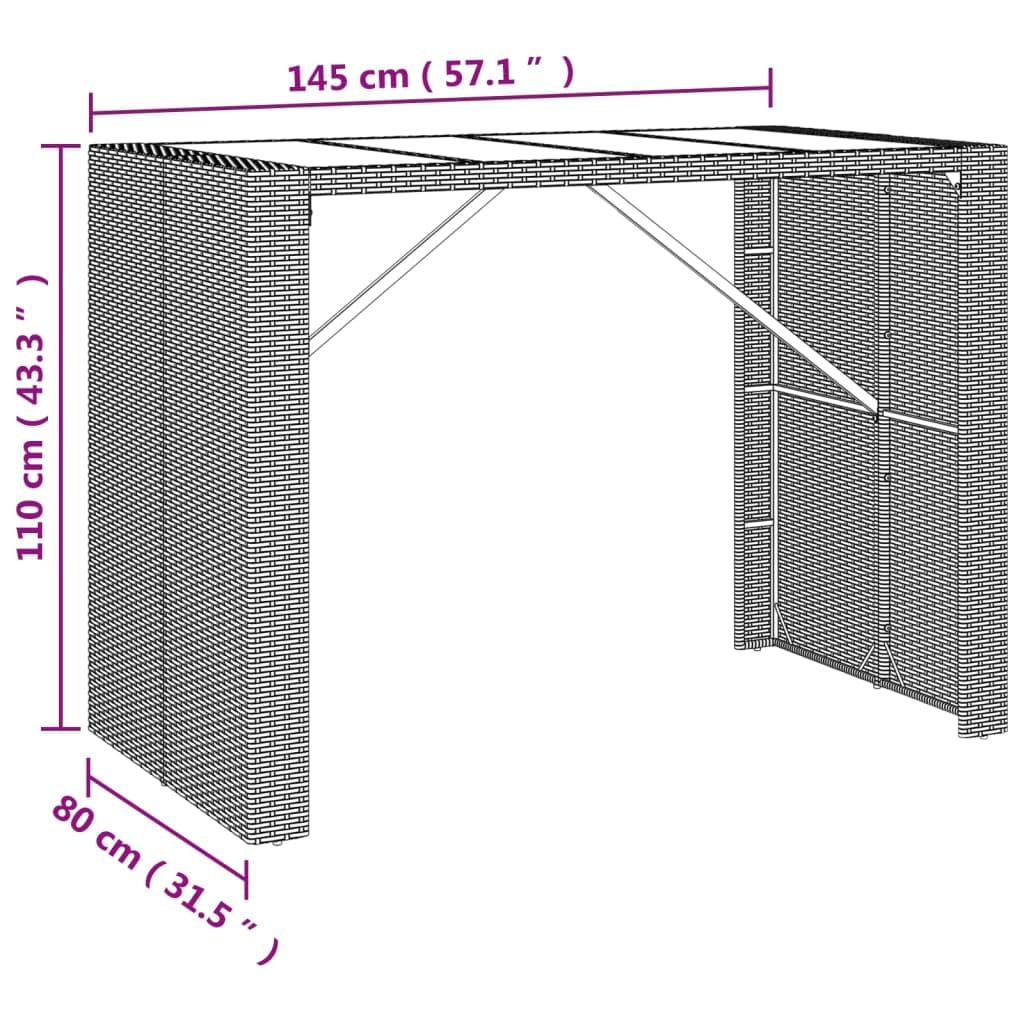 vidaXL Modern Patio Bar Table - Weather-Resistant Gray Poly Rattan with Glass Top - Perfect for Garden, Outdoors, Poolside, 57.1"x31.5"x43.3"
