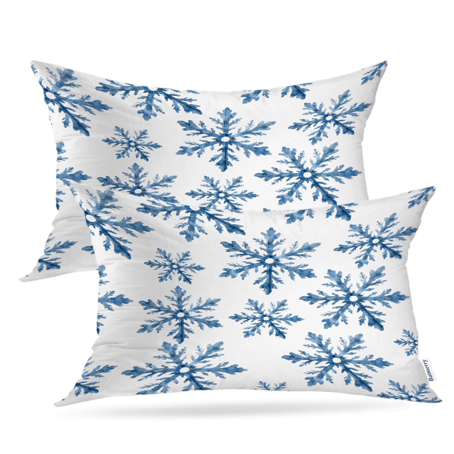 Batmerry Christmas Blue Decorative Pillow Covers, Blue Snow Winter with Snowflakes Falling White Crystal Double Sided Throw Pill