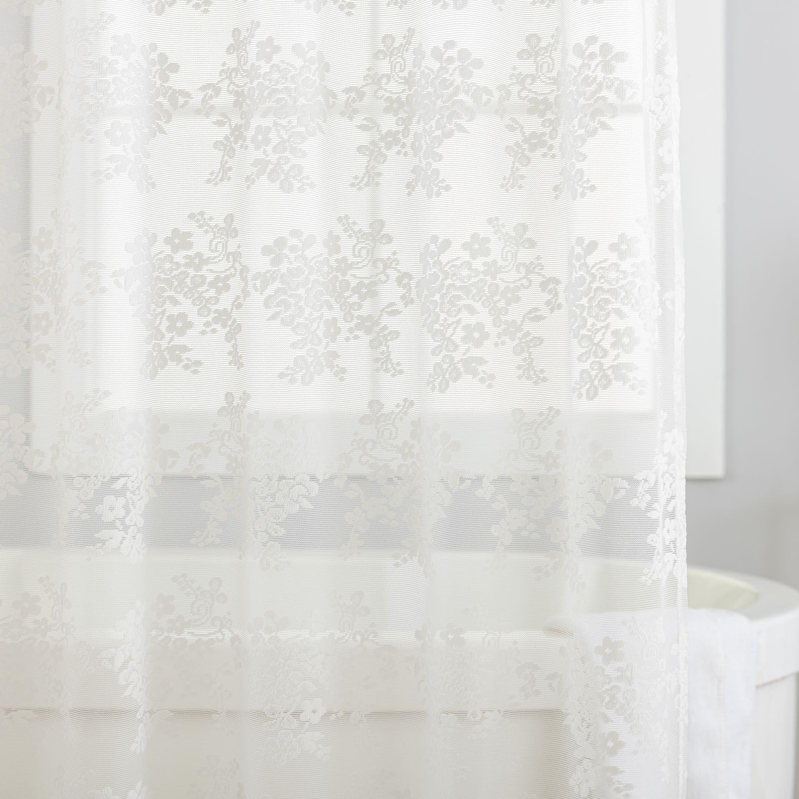 Tudeco Ivory Lace Shower Curtain With Attached Valance, Knitted Rustic Vintage Floral Shower Curtain For Bathroom, Scalloped Edg