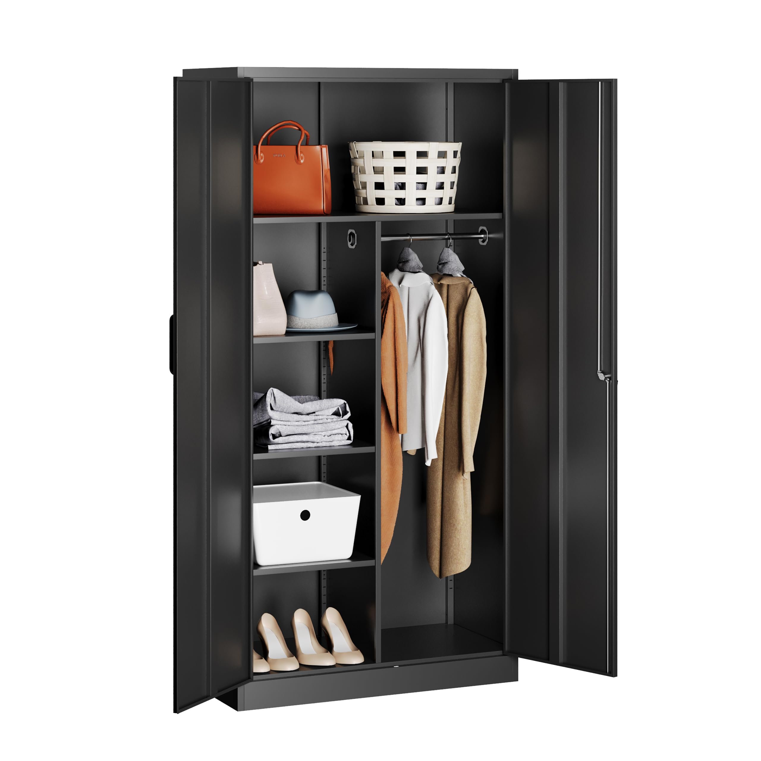 Metal Wardrobe Cabinet With Lock,72' Armoire Closet With Hanging Rod,Lockable Storage Locker,Black Storage Cabinet With Locking Doors,Garage Closet,Steel Wardrobe For Home,Bedroom,Office,Employee,Shop
