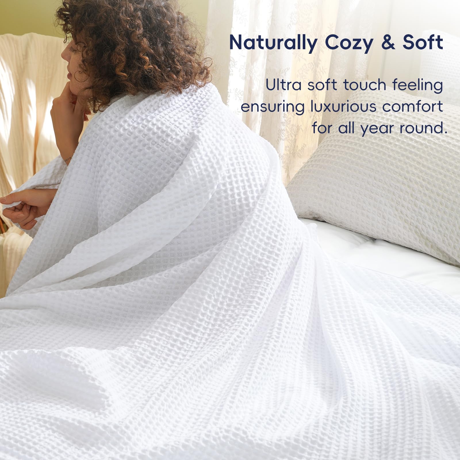 Phf Ultra Soft Waffle Weave Blanket King Size 104'X 90'- Washed Lightweight Breathable Cozy Woven Blanket For Bed - Aesthetic Decor For Couch Bedding Sofa Home Car - White