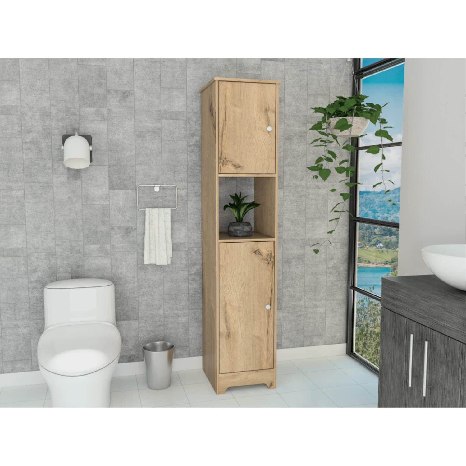 Double Door Cabinet 68.8H, 4 Interior Shelves, 1 Open Shelf, Light Oak
