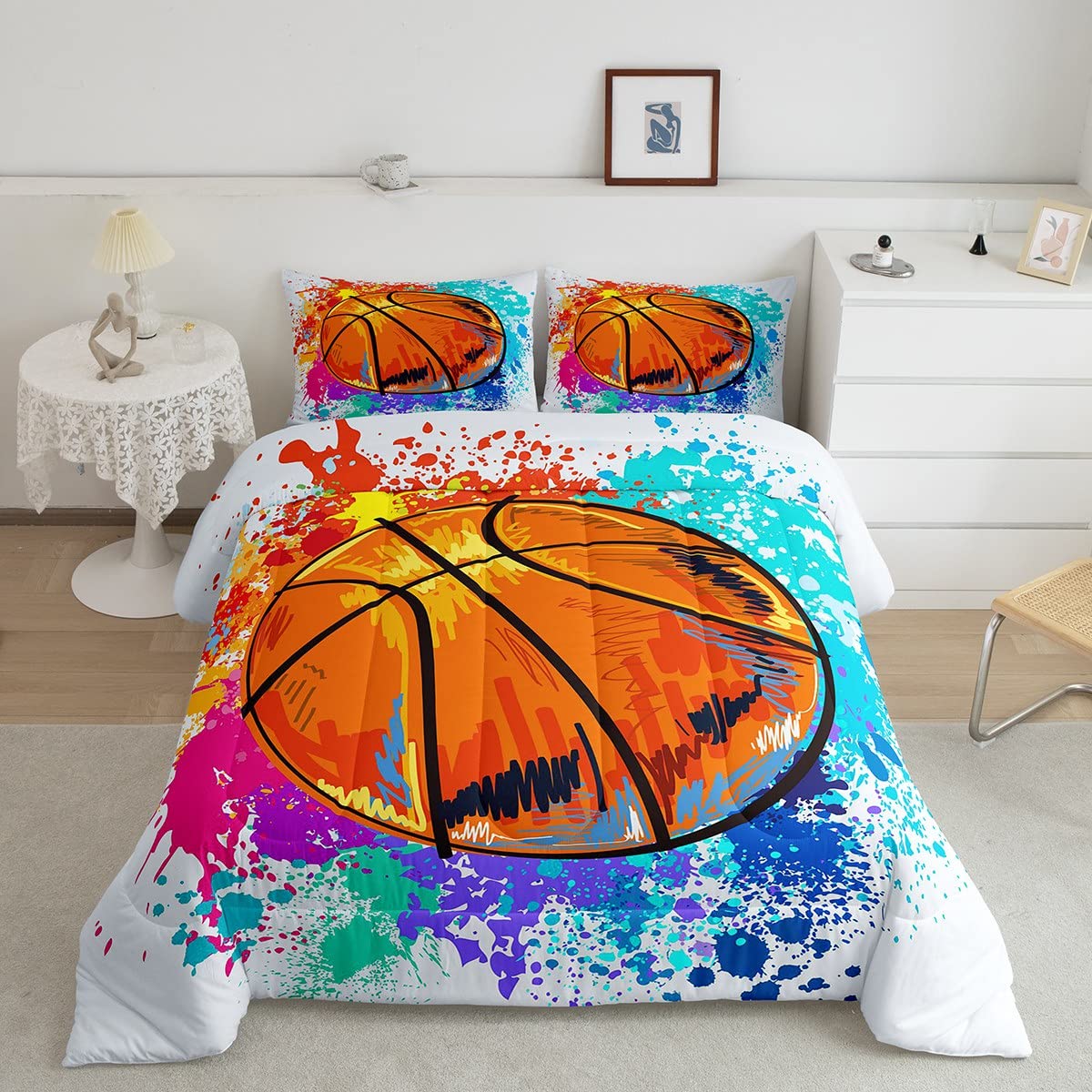Castle Fairy Basketball Full Size Comforter Set Colorful Tie-Dye Bedding Set For Kids Adults Teens Sports Theme Comforter Luxury Graffiti Hip Hop Quilt Set Room Decor 3Pcs