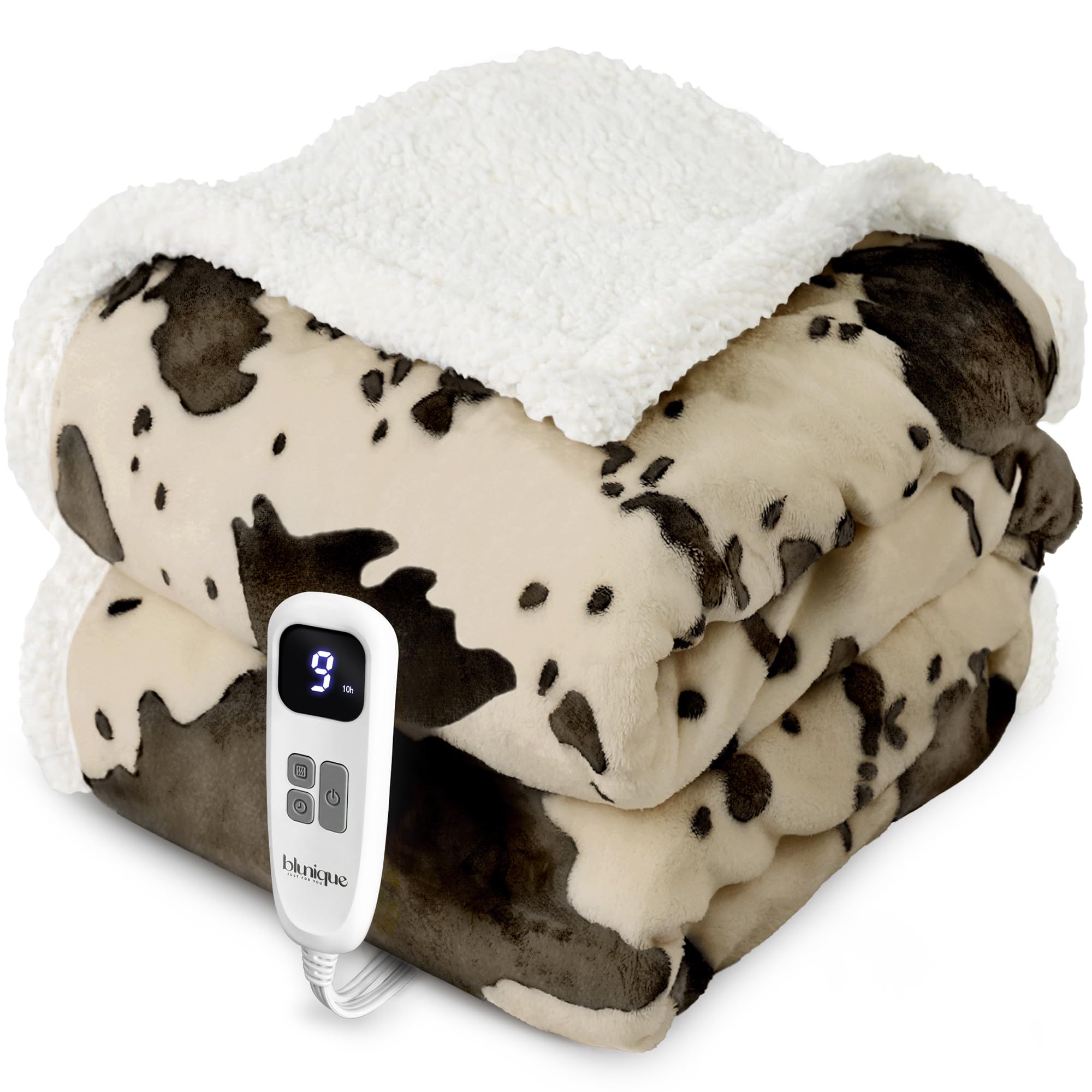 blunique Cow Print Heated Electric Blanket King Size-Dual Control Heating Blanket King Size with 10 Heat Levels & 10 Hours Auto-