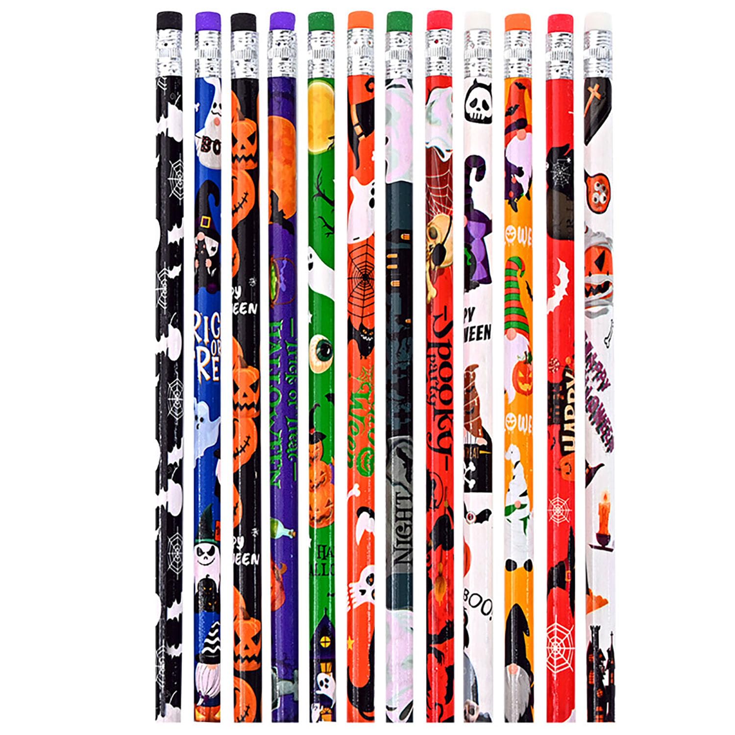 YYaaloa 12 Pcs Wooden Pencil with Eraser Halloween Colorful Pencils Novelty Fun School Supplies Holiday Gift Office School Stude