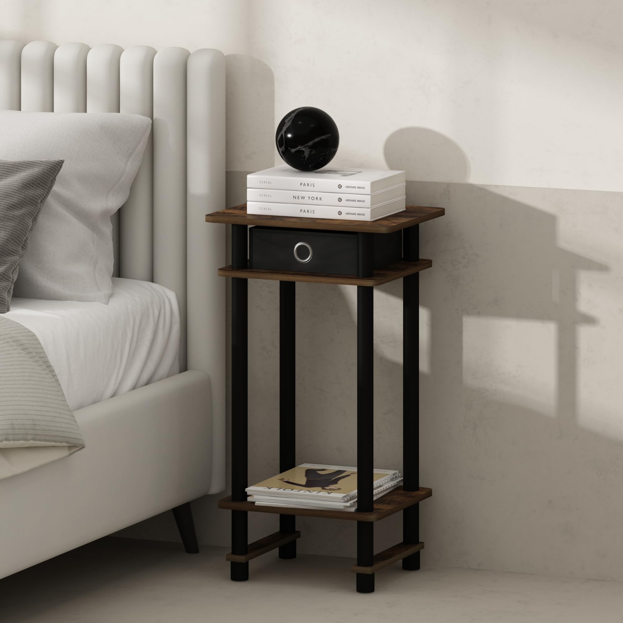 Furinno Turn-N-Tube Tall Nightstand With Bin, 2-Pack, Plastic Poles, Amber Pine/Black