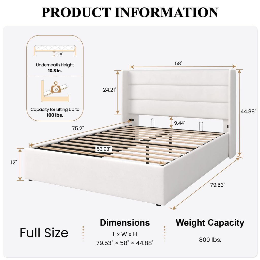 Sha Cerlin Full Size Lift Up Storage Bed/Velvet Upholstered/Modern Wingback Headboard/Upholstered Platform Bed Frame/Hydraulic Storage/No Box Spring Needed/White
