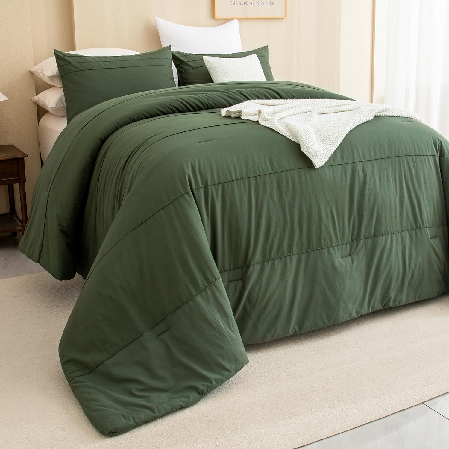 Cozytide Oversized King Comforter 128''X120'',100% Cotton Pleated Olive Green Bedding Set,3 Pieces Soft Lightweight Dark Green B