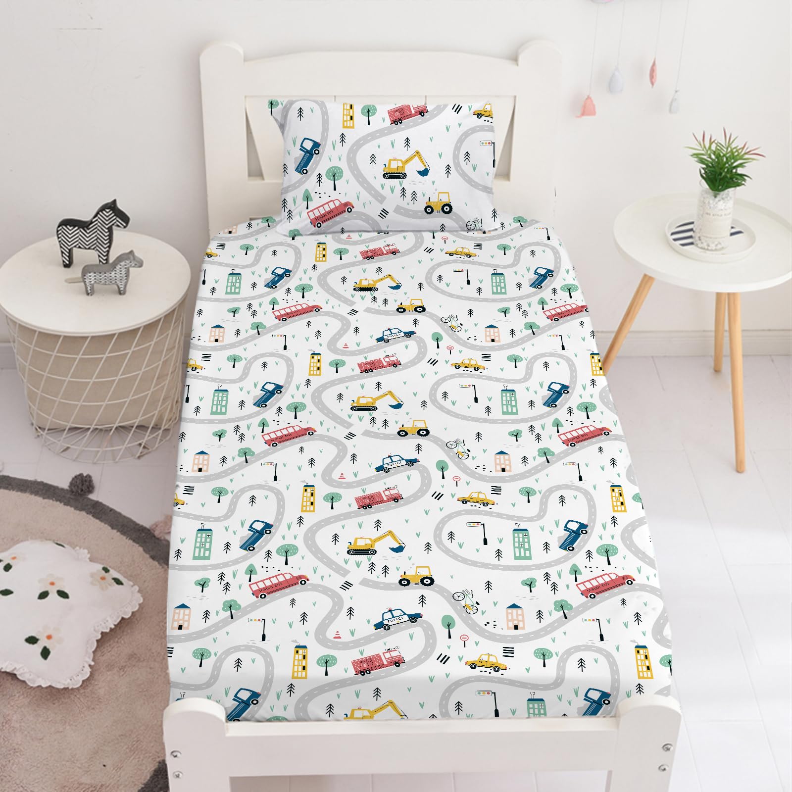 Yasida Twin Kids Fitted Sheets Road Traffic Themed Sheet and Pillowcases Set Cute Cartoon Truck Bed Boys Twin Sheet Set 2 Piece 