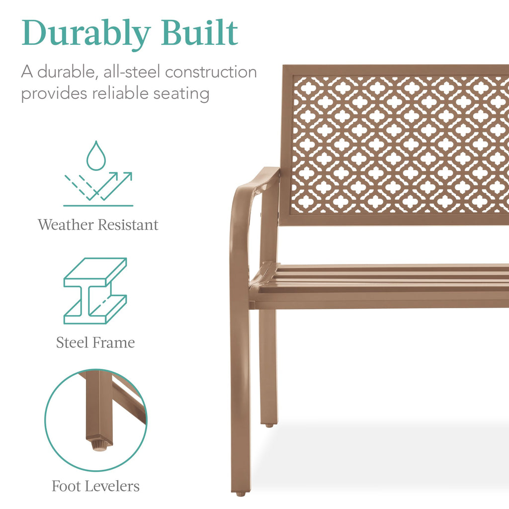 Best Choice Products Outdoor Bench 2-Person Metal Steel Benches Furniture For Garden, Patio, Porch, Entryway W/Geometric Backrest, 790Lb Capacity - Taupe