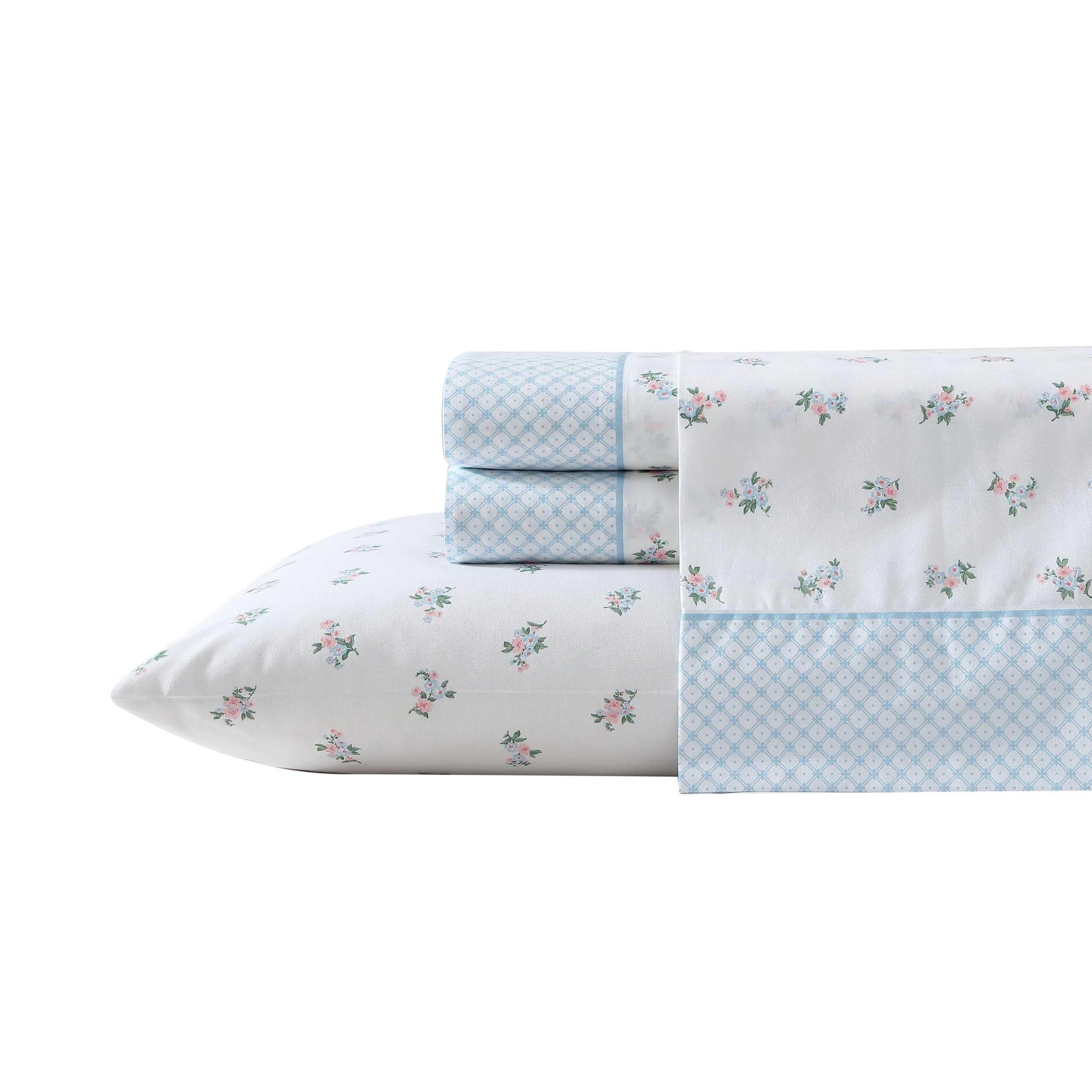 Laura Ashley - Sheet Set, Breathable Percale Cotton Bedding, 200 Thread Count, Deep Pocket, Chic Home Decor (Harperette Blue, Ki
