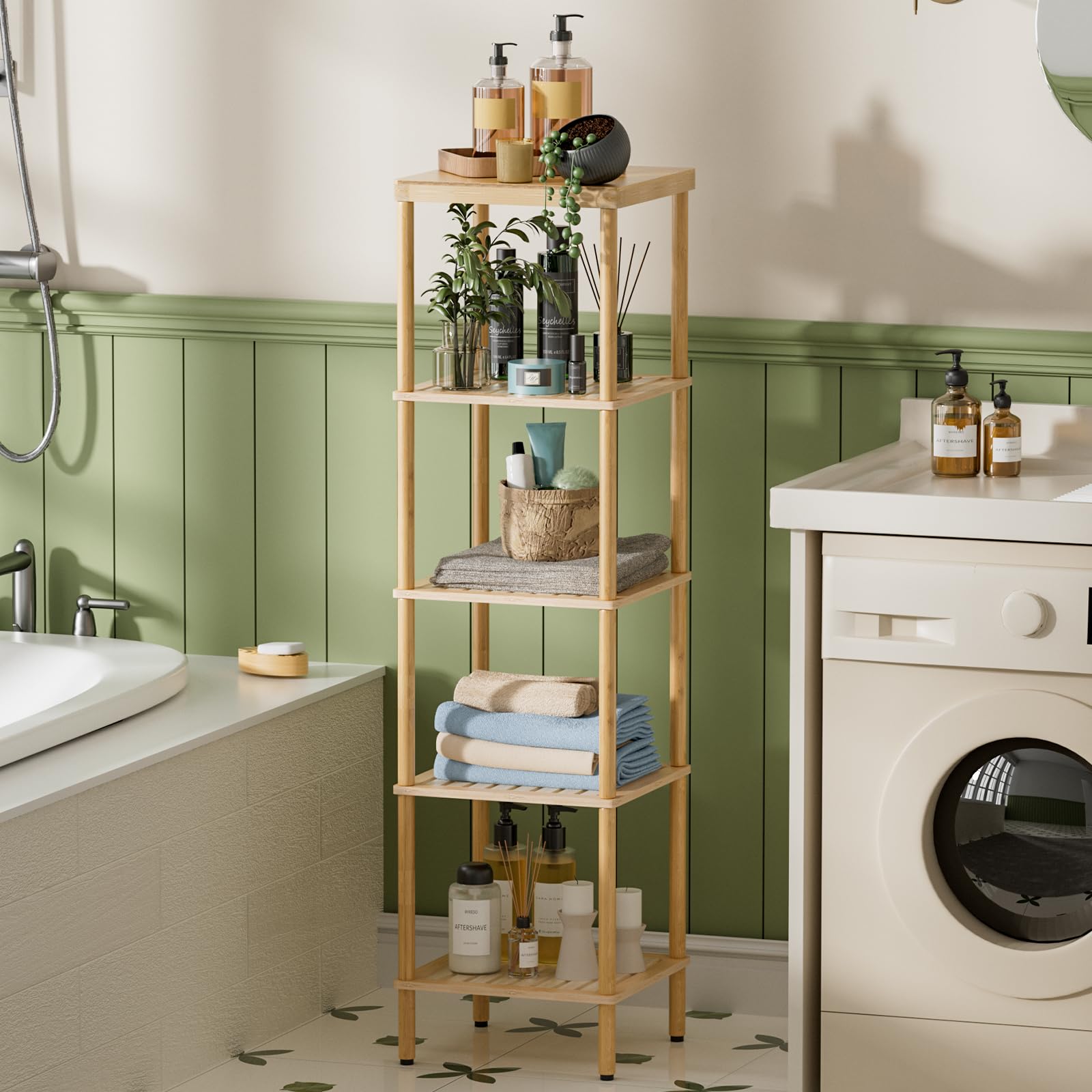 Amazerbath 5-Tier Bamboo Bathroom Shelf, Bathroom Standing Shelves, Multifunctional Shelving Unit For Living Room Bedroom Kitchen, Natural Color