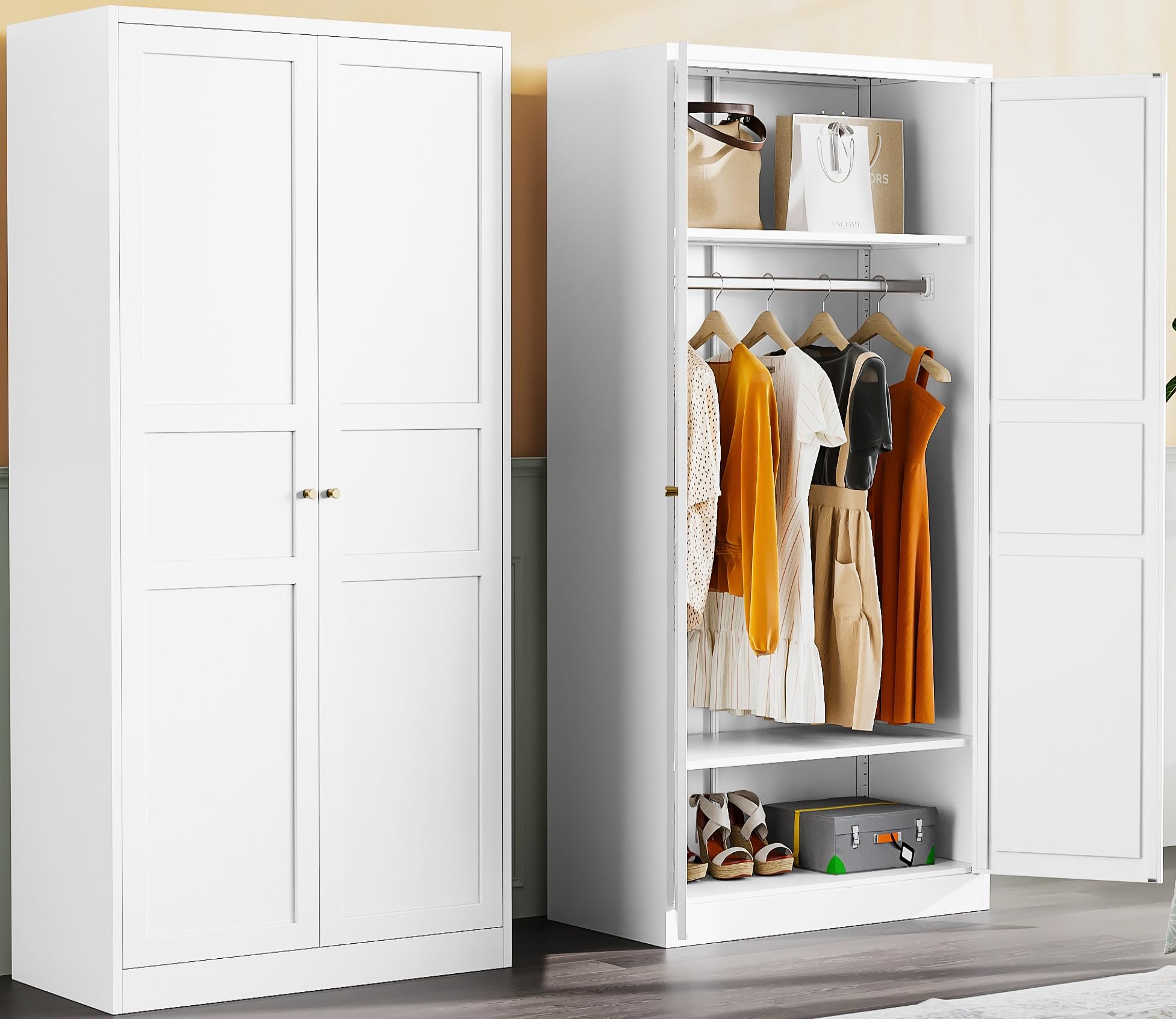 Metal Wardrobe Cabinet with Hanging Rod,White Armoire Wardrobe Closet,Metal Clothing Storage Cabinet with Adjustable Shelves and