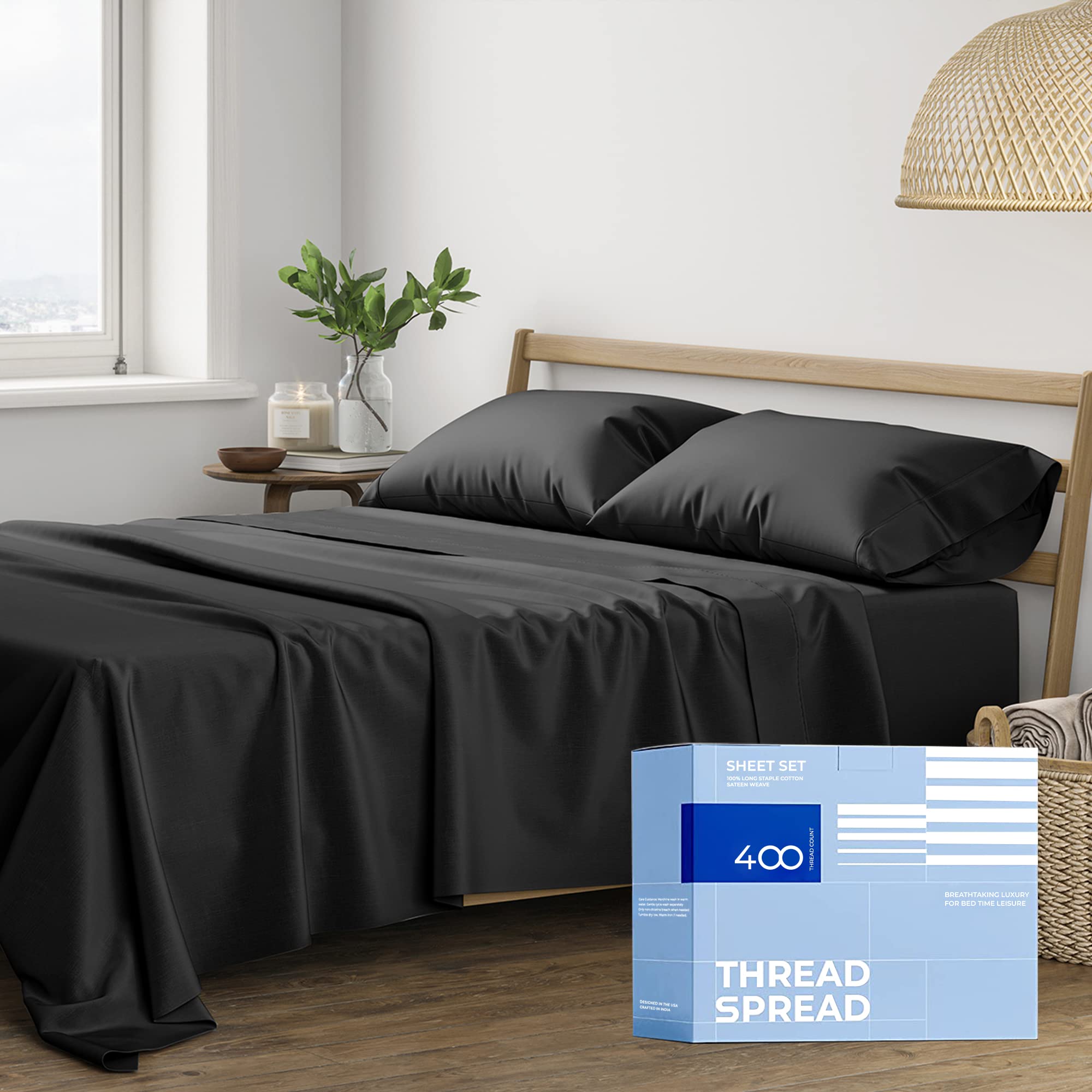 Thread Spread 100% Cotton Split King Sheets For Adjustable Bed - 400 Thread Count 5 Pc Sateen Split Sheet Set, Soft, Breathable Cooling Cotton Sheets - 16' Deep Pocket Split King Sheet (Black)