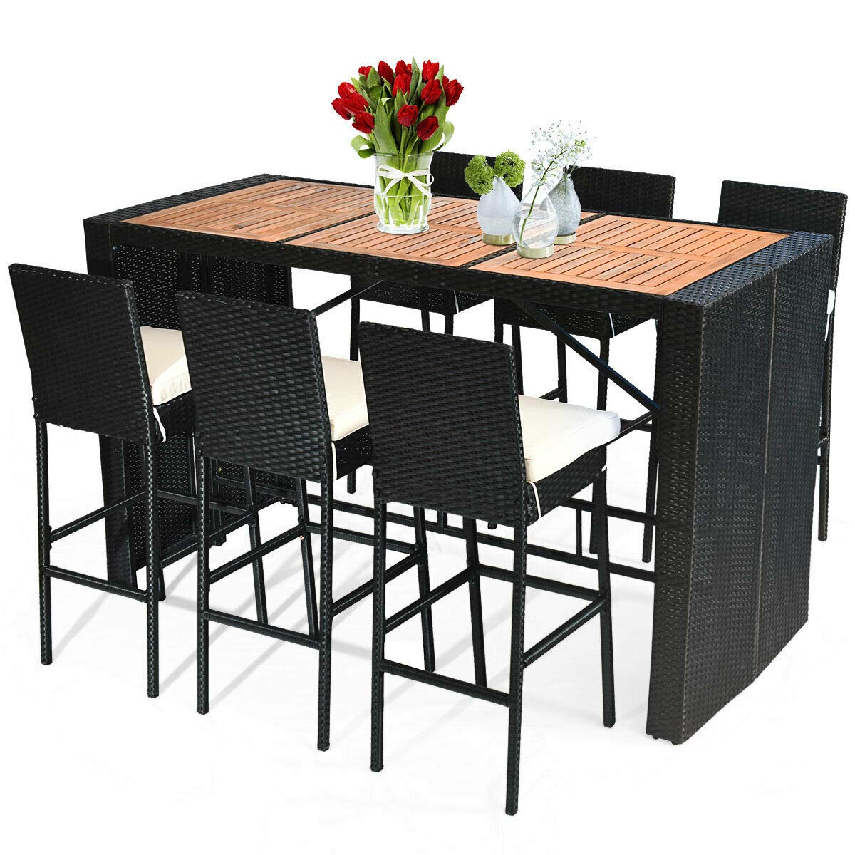Tangkula 7 Pcs Outdoor Wicker Furniture With Acacia Wood Bar Table Top And Removable Cushion, Conversation Set For Dining, Patios, Backyards, Porches, Gardens And Poolside (Black)