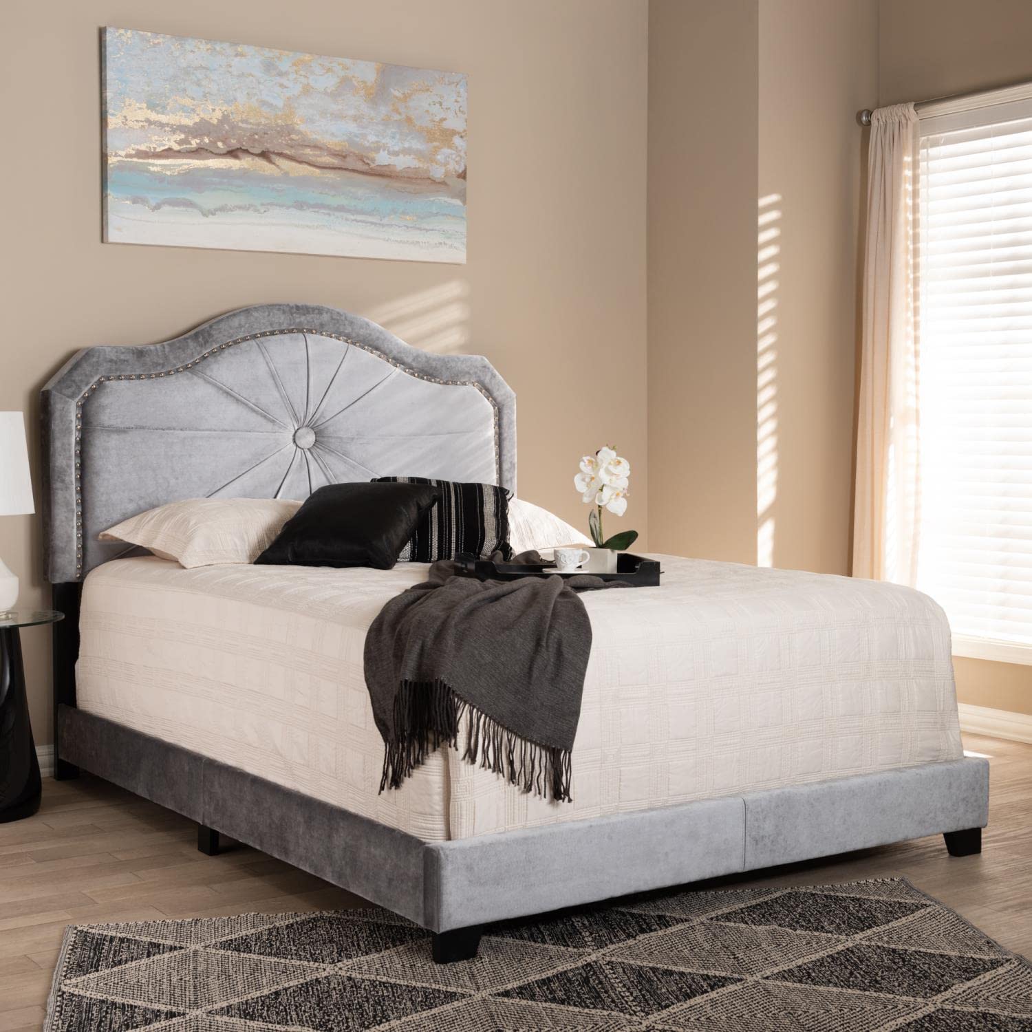 Baxton Studio Embla Modern and Contemporary Gray Velvet Fabric Upholstered Queen Size Bed