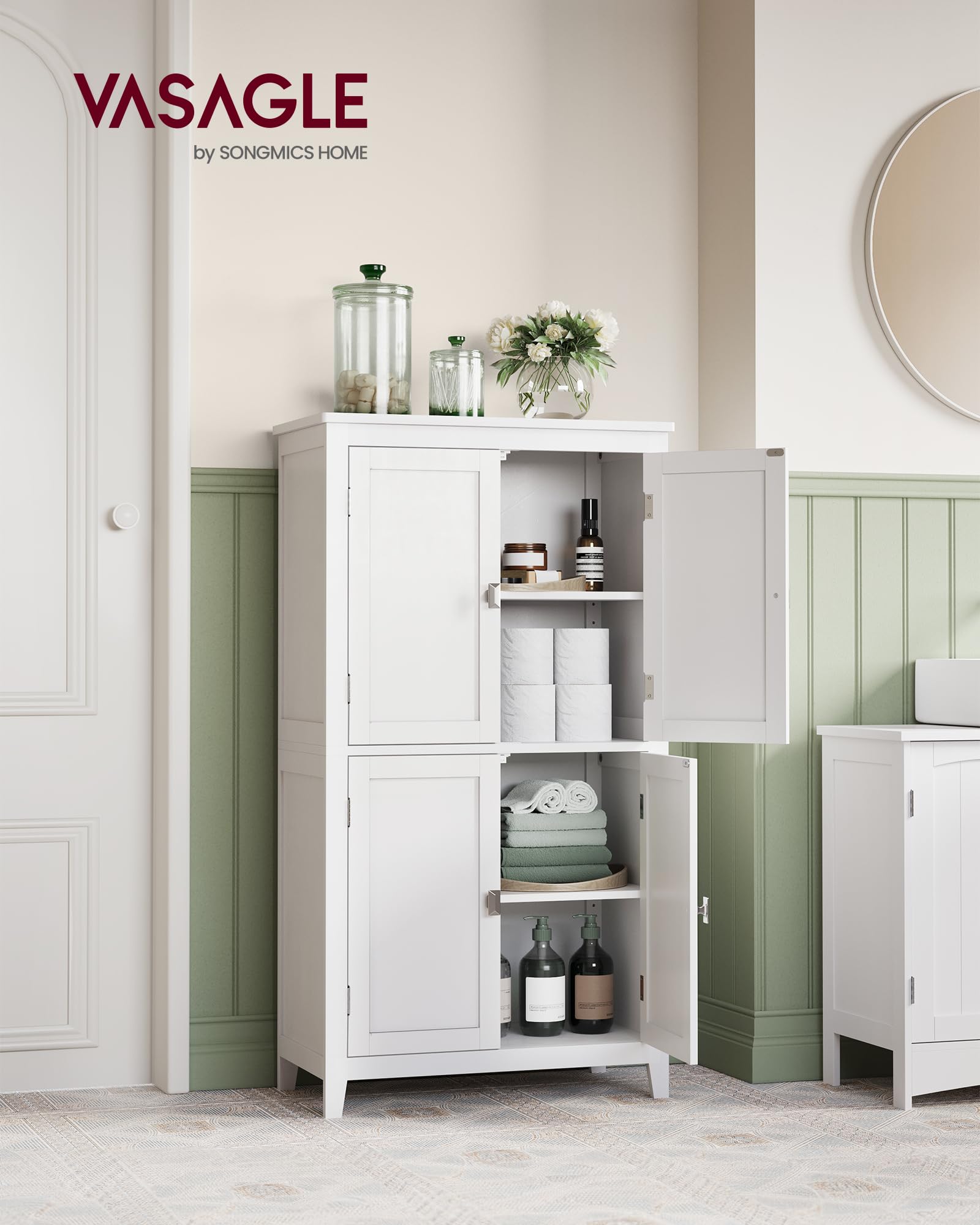 Vasagle Bathroom Floor Storage Cabinet, Bathroom Storage Unit, Freestanding Cabinet With 4 Doors, Adjustable Shelves, 11.8 X 23.6 X 43.3 Inches, White Ubbc552P31