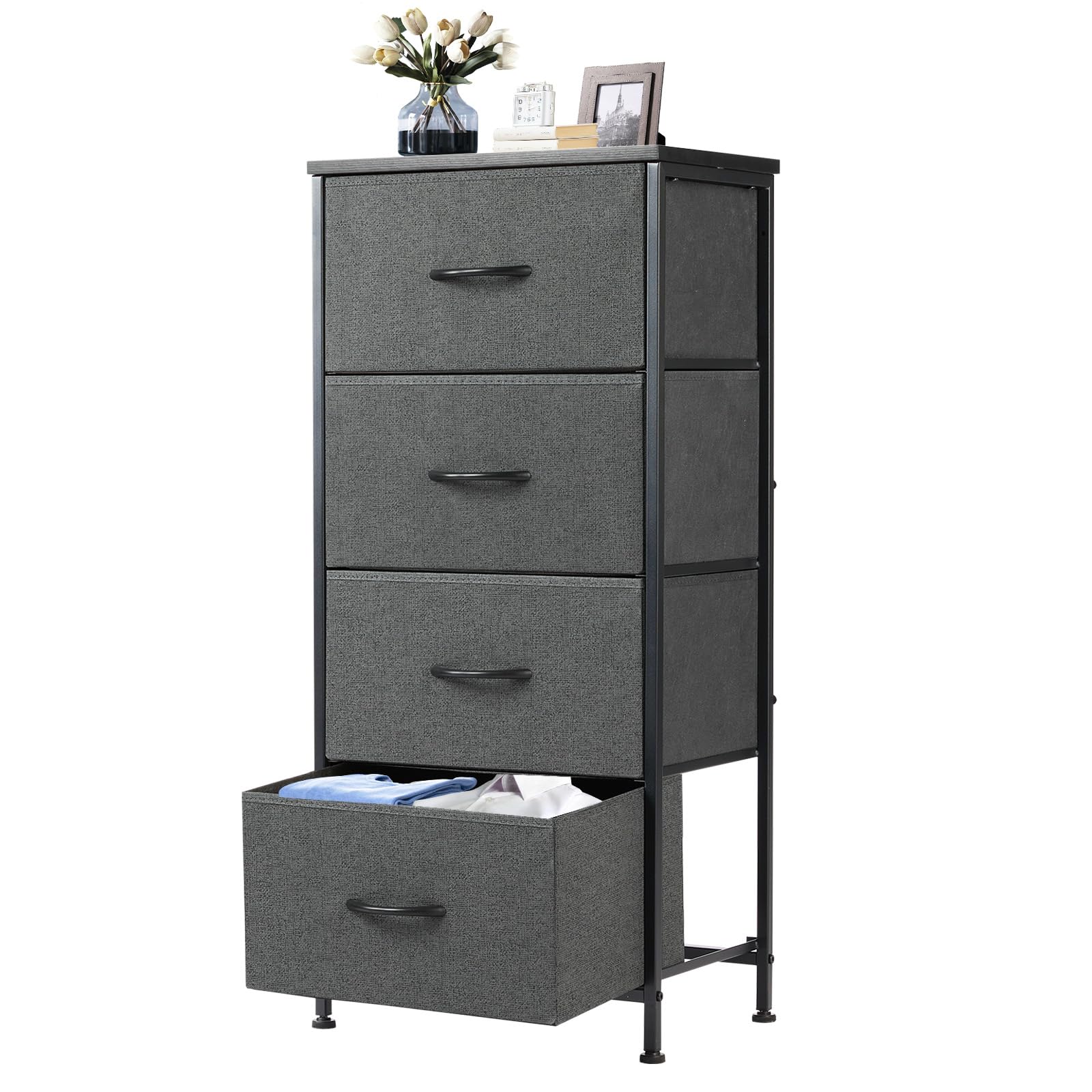 DUMOS Nightstand with 4 Drawers Bedside Table with Removable Fabric Bins Sturdy Steel Frame Wood Top Organizer Furniture for Bed