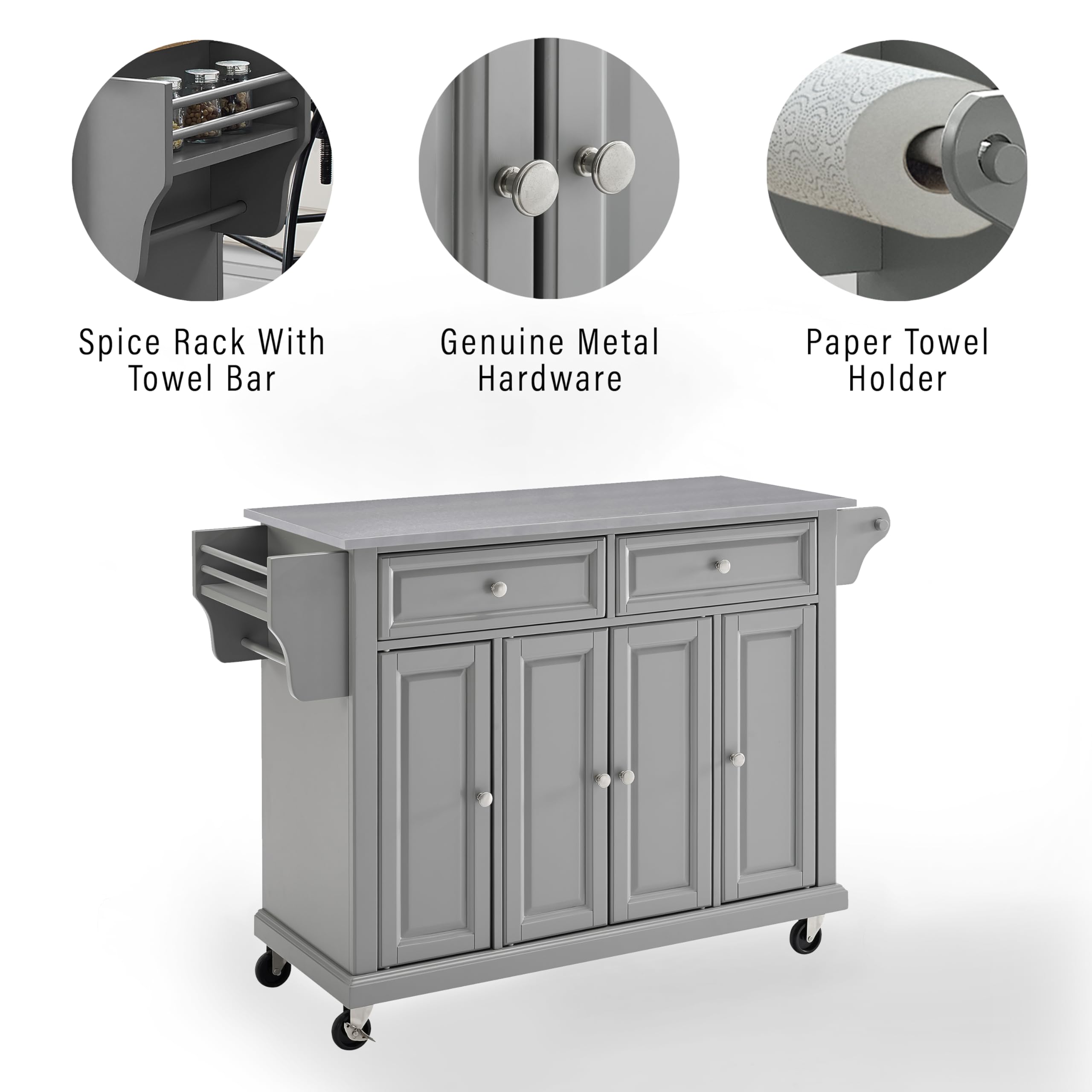 Crosley Furniture Full Size Stainless Steel Rolling Kitchen Island Storage Cart, Microwave Stand, Spice Rack, Gray