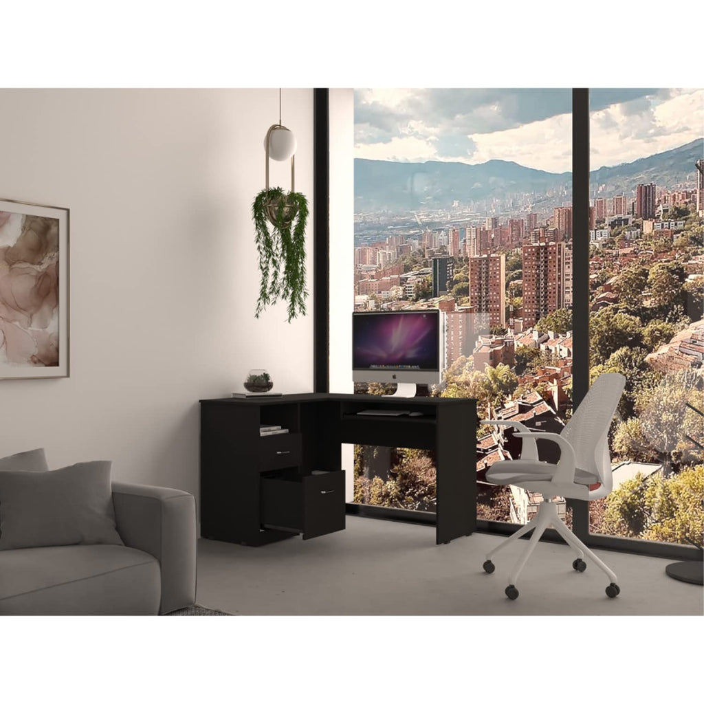 Idra L-Shaped Desk with Keyboard Tray, 2 Drawers, and Open Shelf, Black Wenge