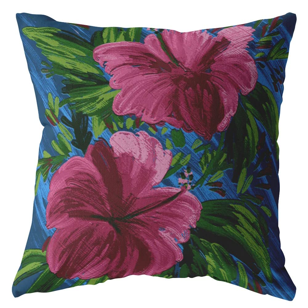 HomeRoots Hot Pink On Blue 16â€ Pink Blue Hibiscus Suede Decorative Throw Pillow