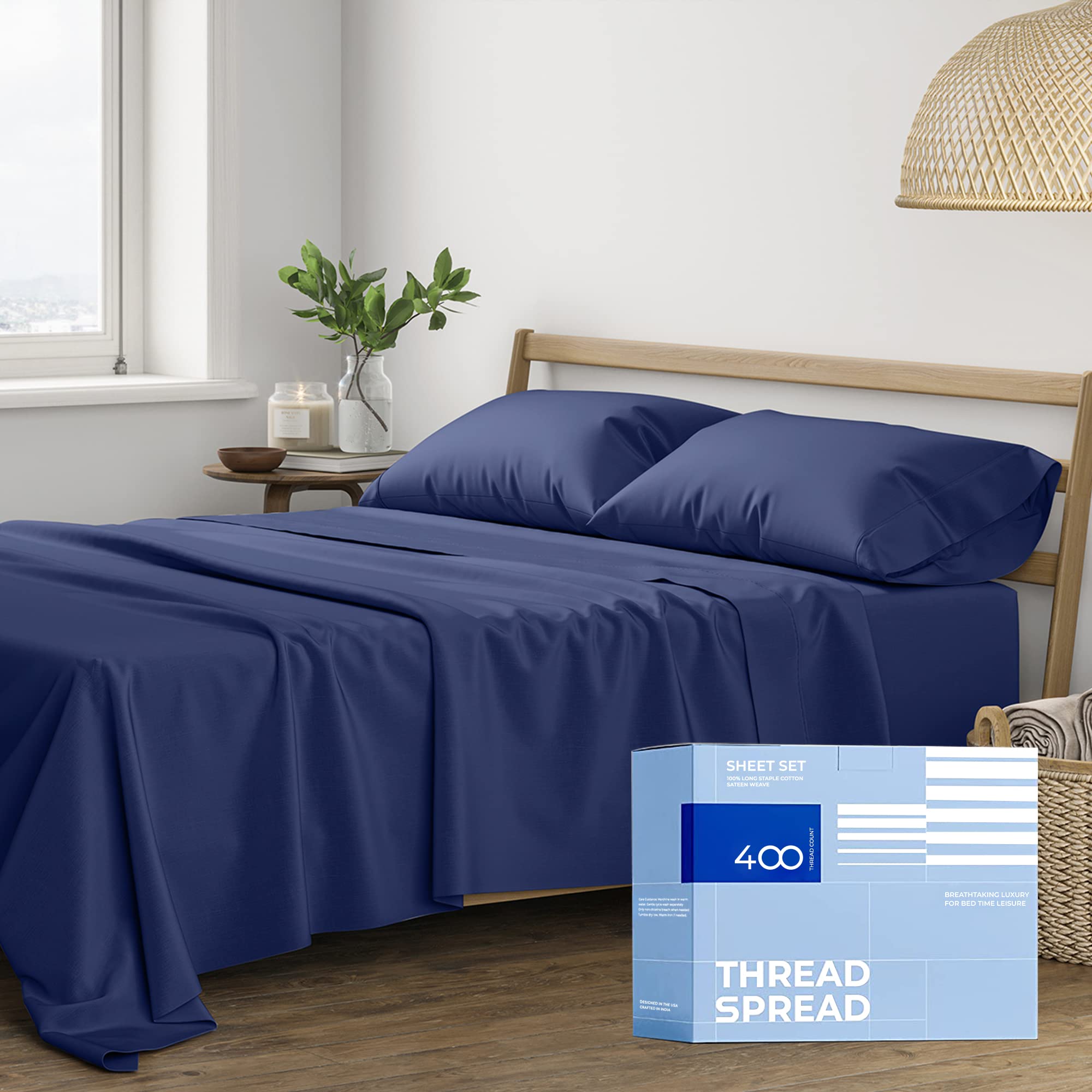 Thread Spread Cotton Sheets King Size - 400 Thread Count 4 Pc 100% Cotton Sheets For King Bed, Deep Pocket King Size Cotton Shee
